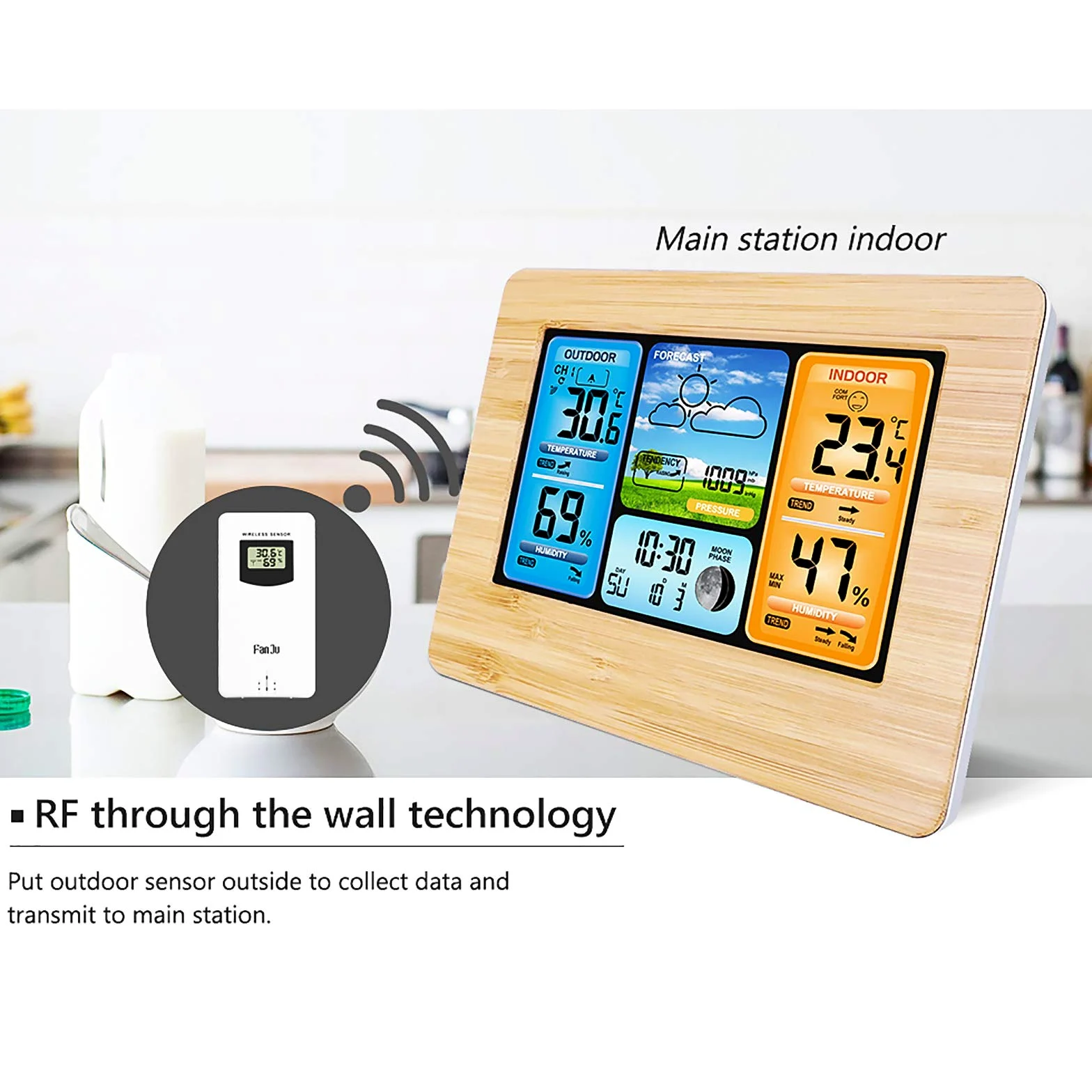Stazione Meteo con Sensore Esterno, Stazione Meteo Digitale con iInterno Esterno Previsioni Meteo Temperatura e Umidità Dell'aria, Adattatore AC, LCD Display a Colori, Uso Interno ed Esterno (Giallo)