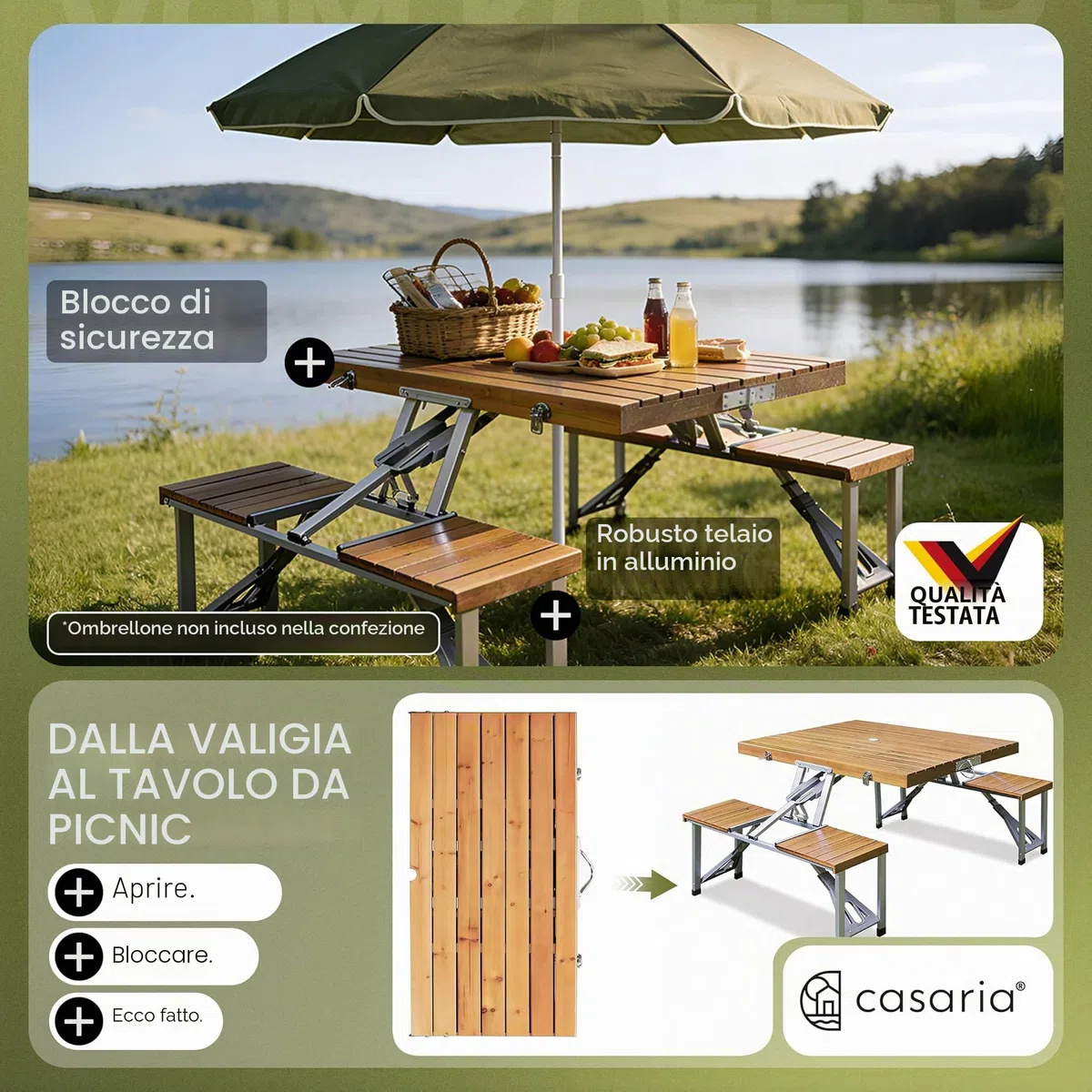 Deuba Casaria Tavolo Pieghevole con 2 Panche Set da Campeggio Picnic Portatile a Valigetta in Alluminio con Foro Ombrellone Maniglia per Trasporto 4 Posti Mare Spiaggia