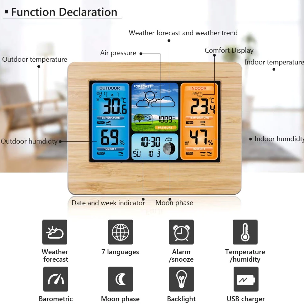 Stazione Meteo senza Fili Stazione Meteo Previsioni Digitali Colori con Allarme e Temperatura/Umidità/Barometro/Allarme/Orologio Lunare/Meteo con Sensore Esterno