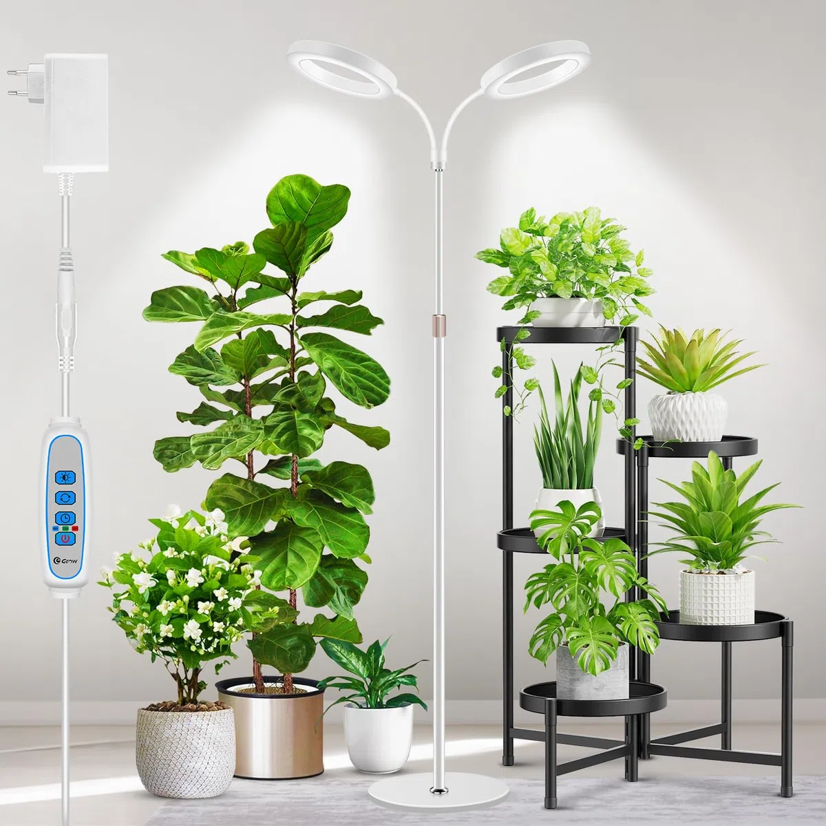 Aumtrly Lampada per piante, 2 teste, 168 LED, spettro completo, con supporto regolabile in altezza, 6000 K, luce bianca per piante con timer da 6/12/16H, 5 livelli di luminosità, 3 modalità di colore