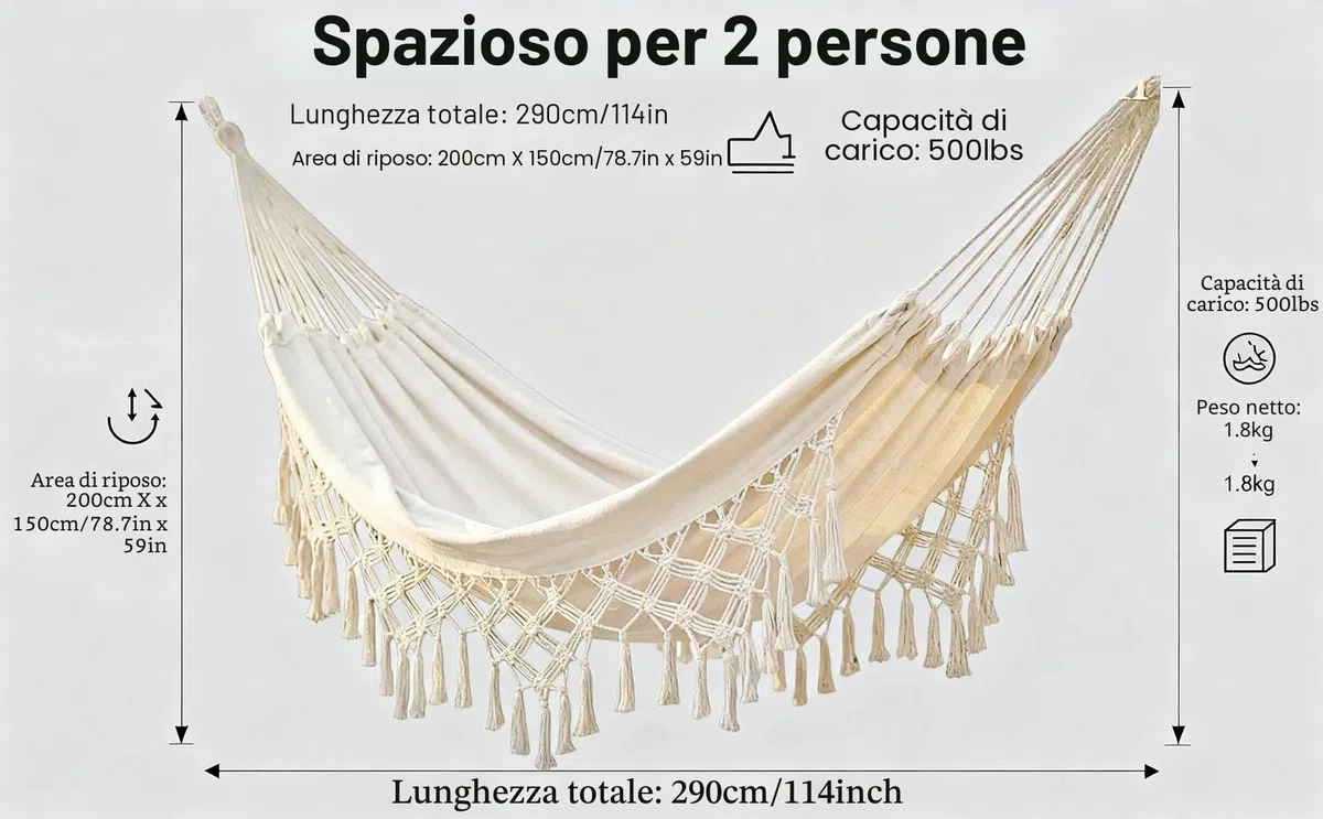 Amaca doppia per interni ed esterni, amaca portatile da campeggio, grande, in cotone morbido, per casa, patio, cortile, portico, prato e giardino