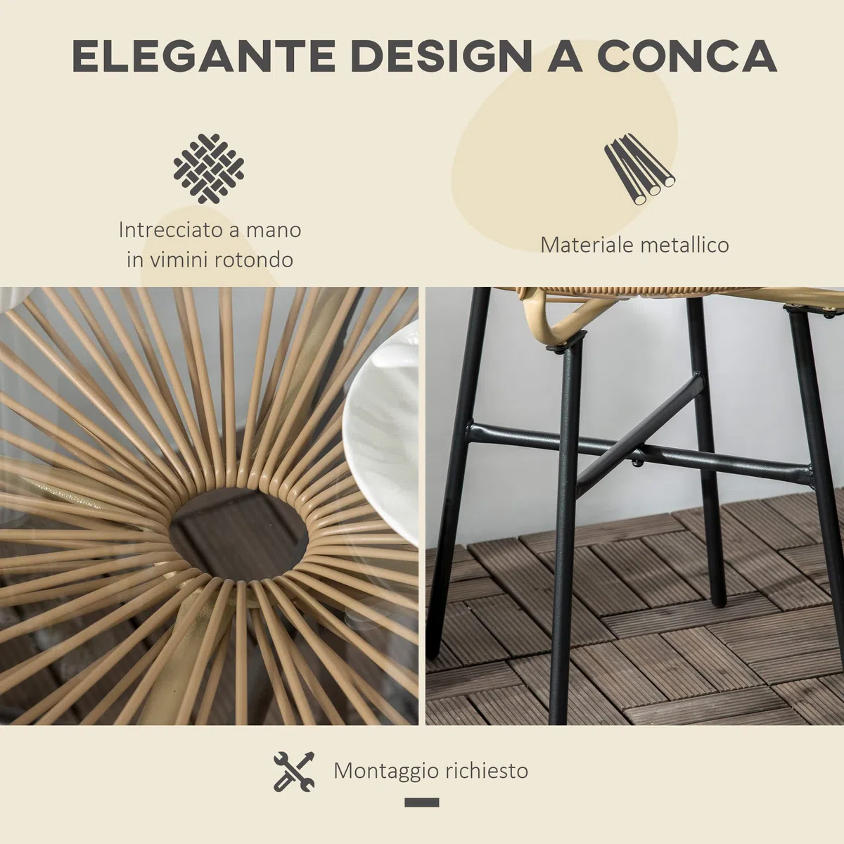 Outsunny Tavolino da Giardino in Rattan PE e Vetro, Tavolino da Caffè Rotondo Stile Boho Chic per Balcone e Terrazza, Ø50x50cm, Beige
