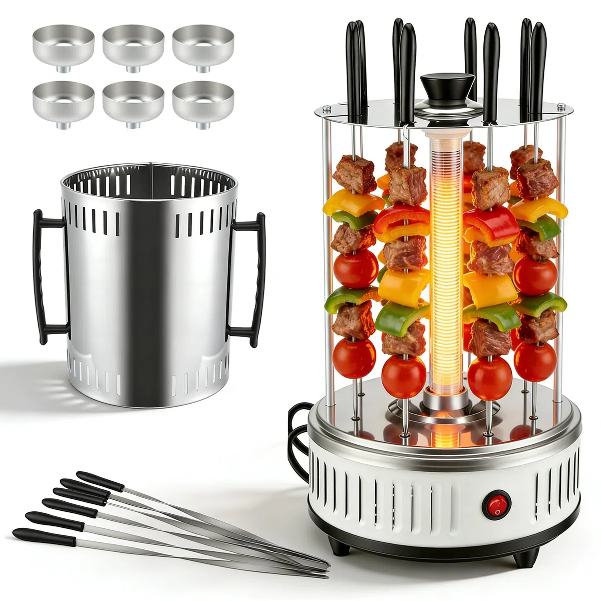 Grill elettrico verticale, 1000W Grill verticale da tavolo elettrico in acciaio inox con 6 spiedini, griglia rotante per barbecue, tubo riscaldante in vetro migliorato,facile da pulire per Casa