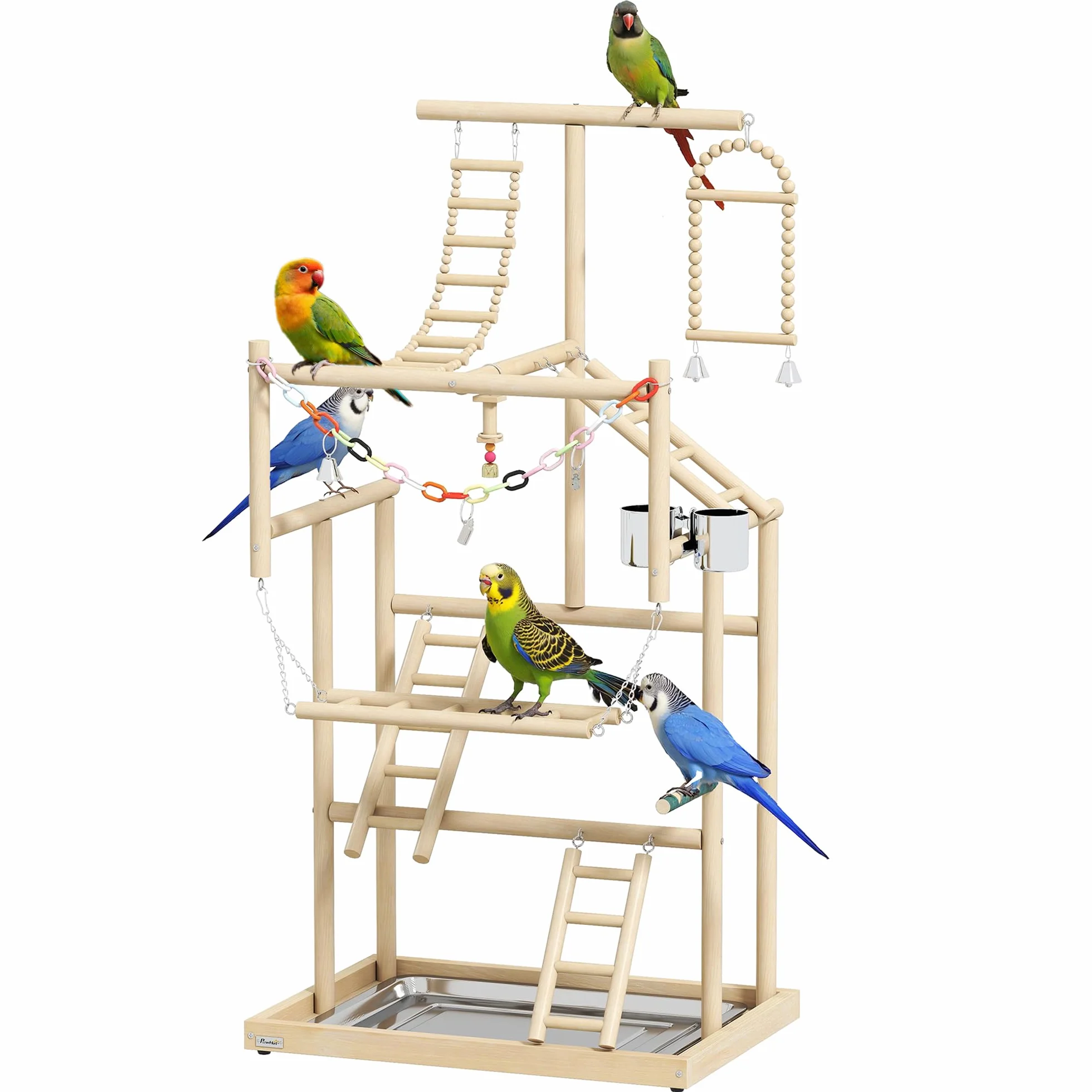 PawHut Trespolo per Pappagalli, Parco Giochi per Uccelli con Scale, Catene, Ciotole, Vassoio Rimovibile e Posatoi, per Parrocchetti, Cocorite e Conuri, Legno Naturale