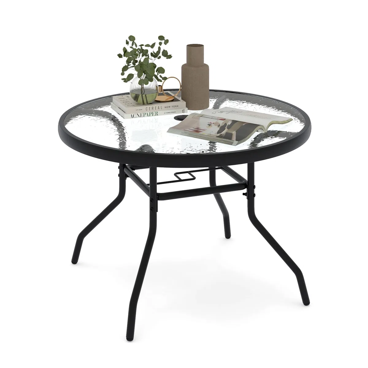 COSTWAY Tavolino Esterno in Metallo e Vetro, Tavolino da Bistro con Foro per Ombrellone 4,2 cm, Tavolo per Giardino Balcone Cortile, Portata 50 kg (70 x 45,5 cm)