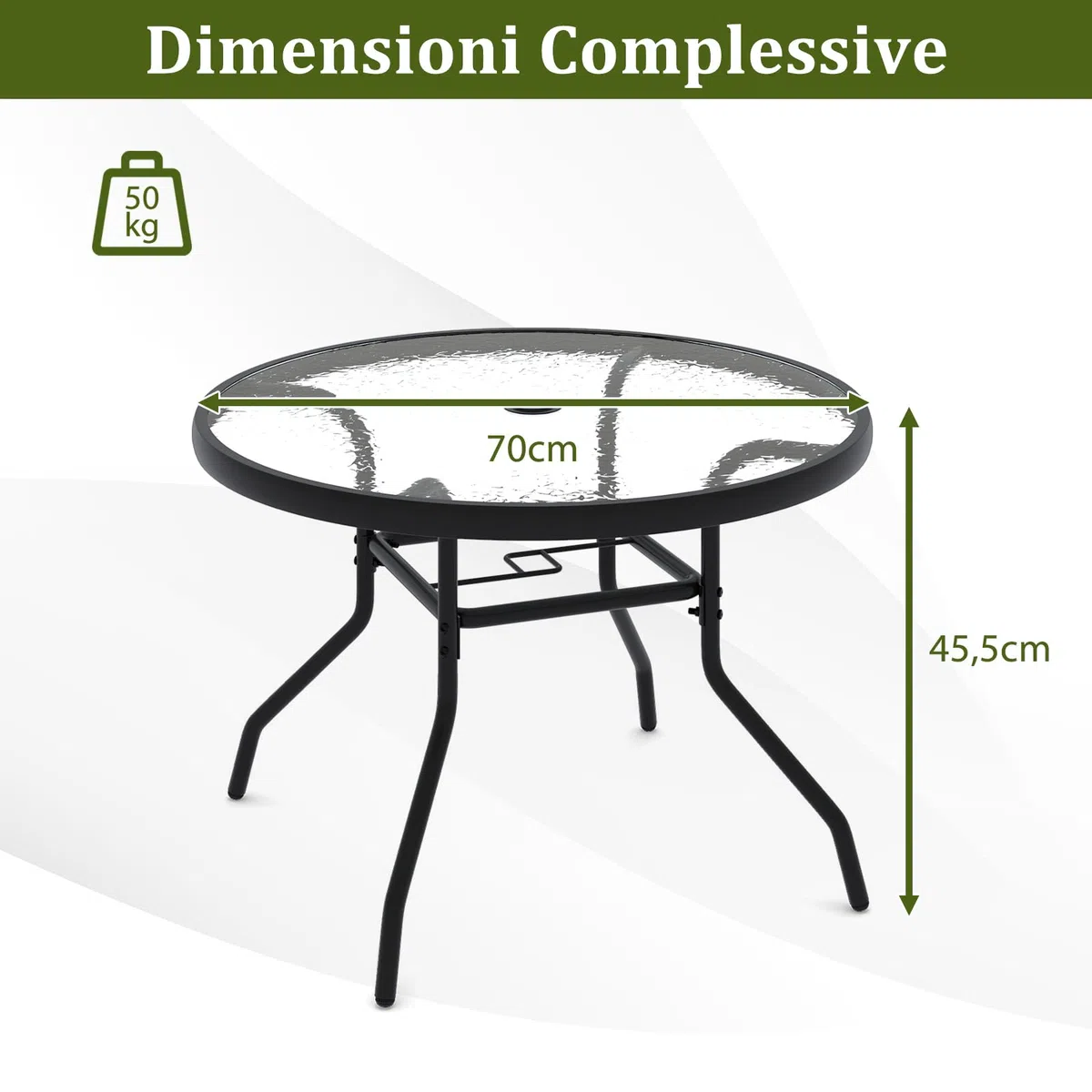 COSTWAY Tavolino Esterno in Metallo e Vetro, Tavolino da Bistro con Foro per Ombrellone 4,2 cm, Tavolo per Giardino Balcone Cortile, Portata 50 kg (70 x 45,5 cm)
