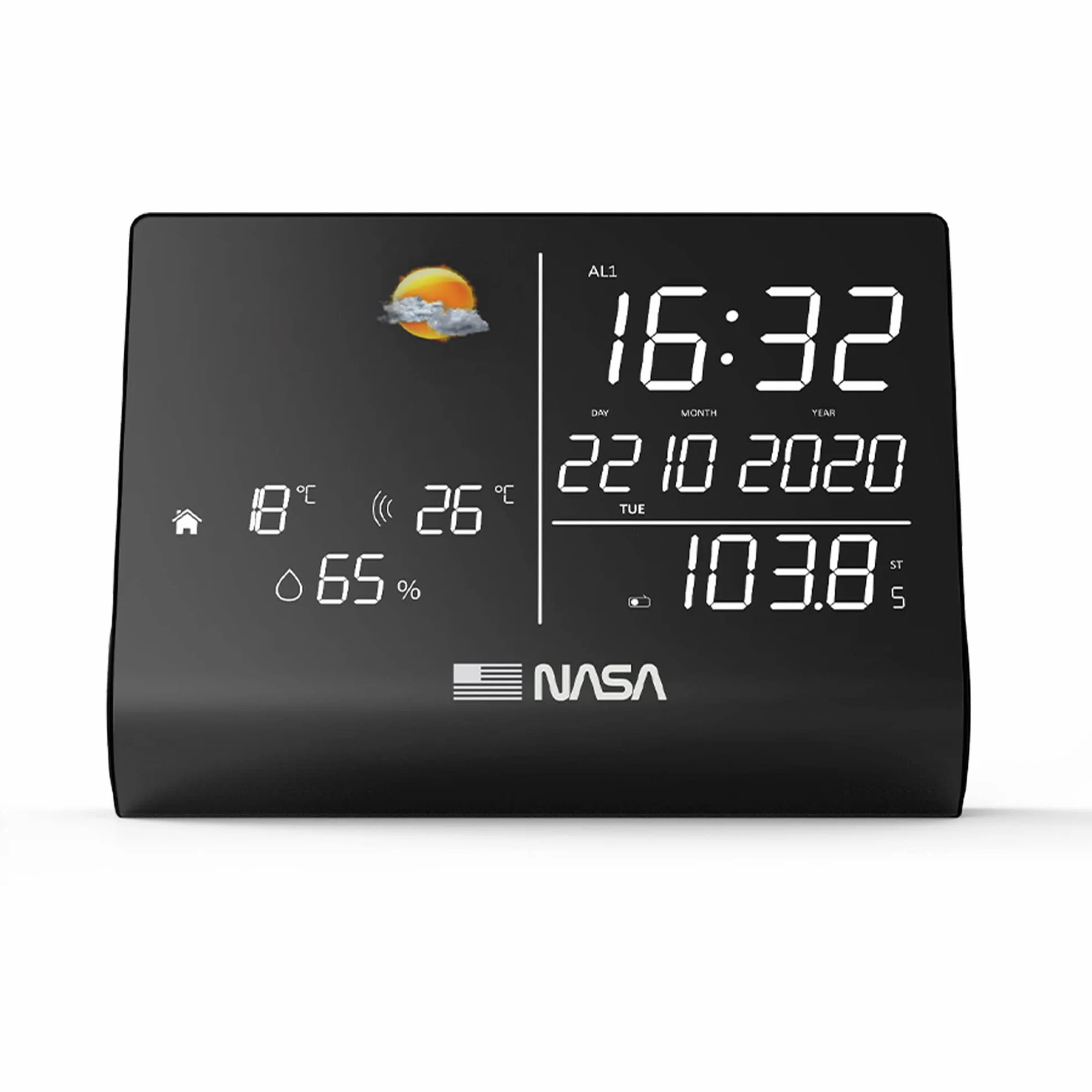 NASA WSP1300 - Stazione meteorologica interna - Altoparlante Bluetooth, Display LED da 6,4", Sensore wireless per esterni Temperaturae e Umidità, Radio FM, Sveglia, Calendario - Nero