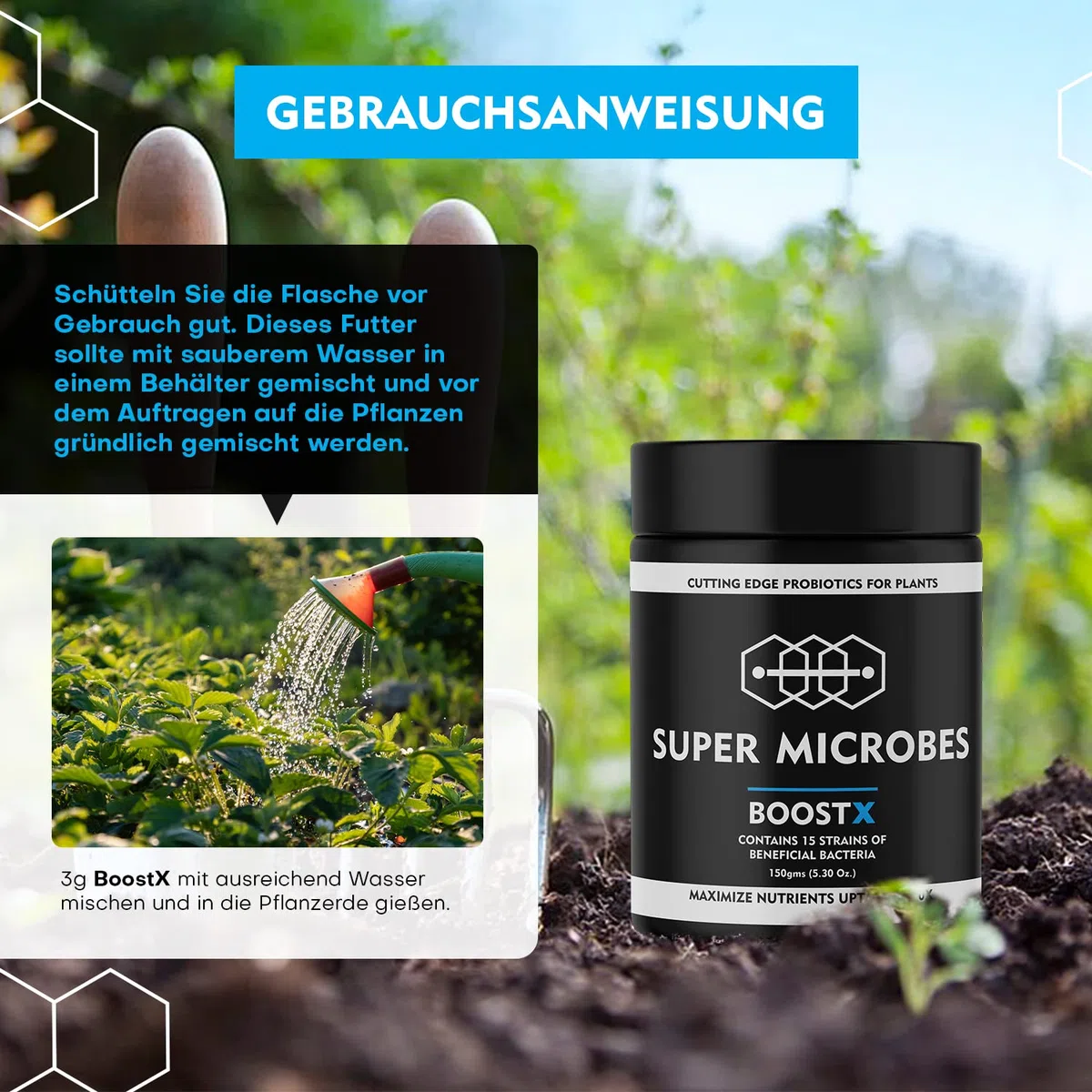 BoostX - Fertilizzante per piante verdi premium | Appositamente formulato per piante da fiore e in erba | Contiene 16 microbi benefici inclusi i batteri che fissano l'azoto 400g