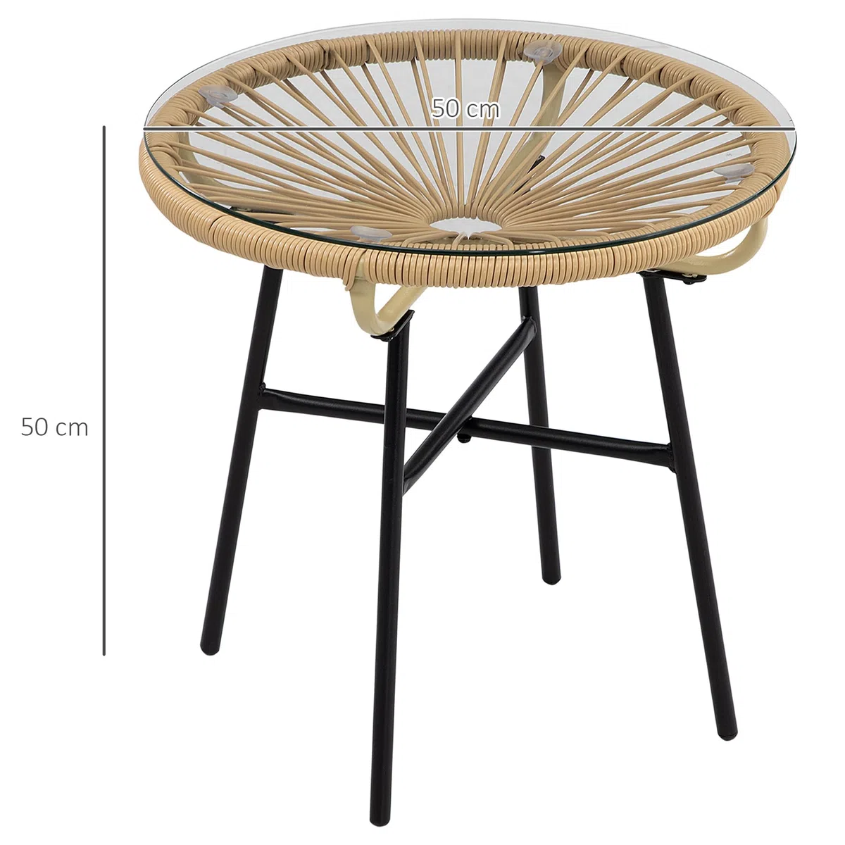 Outsunny Tavolino da Giardino in Rattan PE e Vetro, Tavolino da Caffè Rotondo Stile Boho Chic per Balcone e Terrazza, Ø50x50cm, Beige