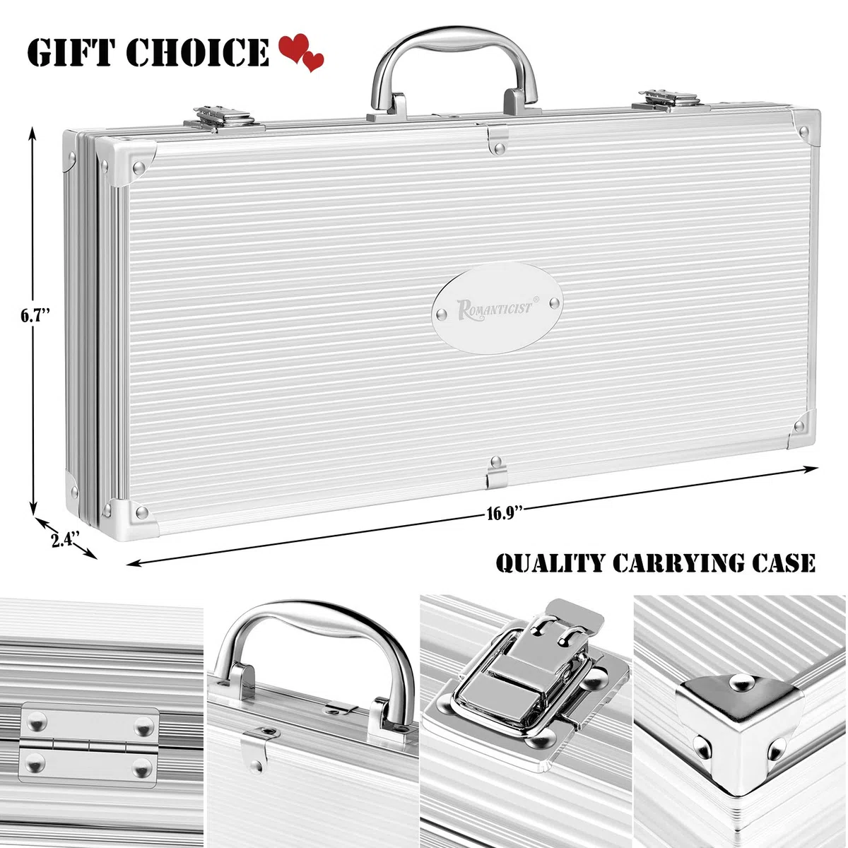ROMANTICIST Set di utensili per barbecue da 30 pezzi per uomo papà, set di utensili per griglia in acciaio inossidabile, kit di accessori per grigliate con tappetini in custodia in alluminio marrone