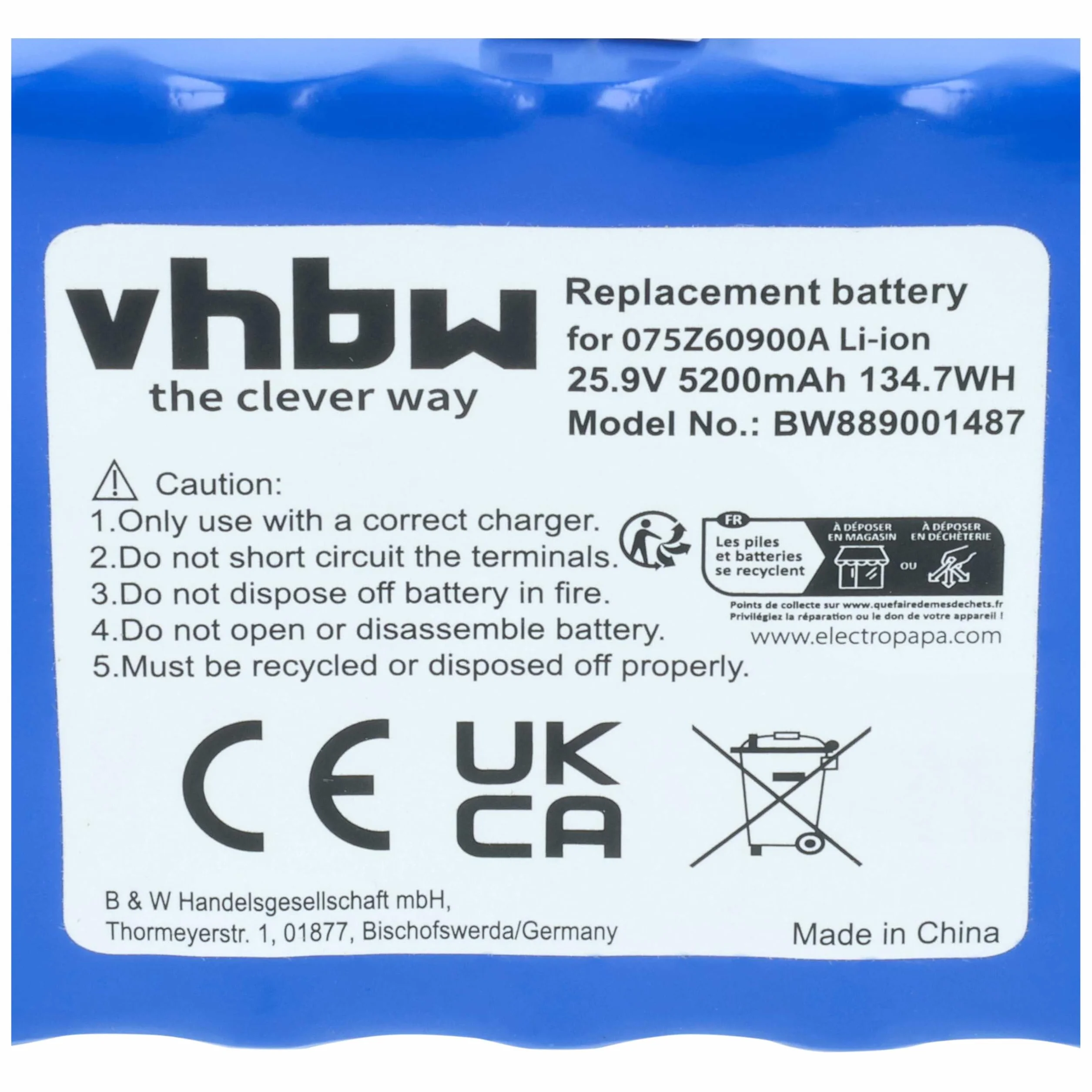 vhbw batteria sostituisce Wiper 075Z60900A, 050Z38600A per rasaerba 5200mAh, 25,9V, Li-Ion