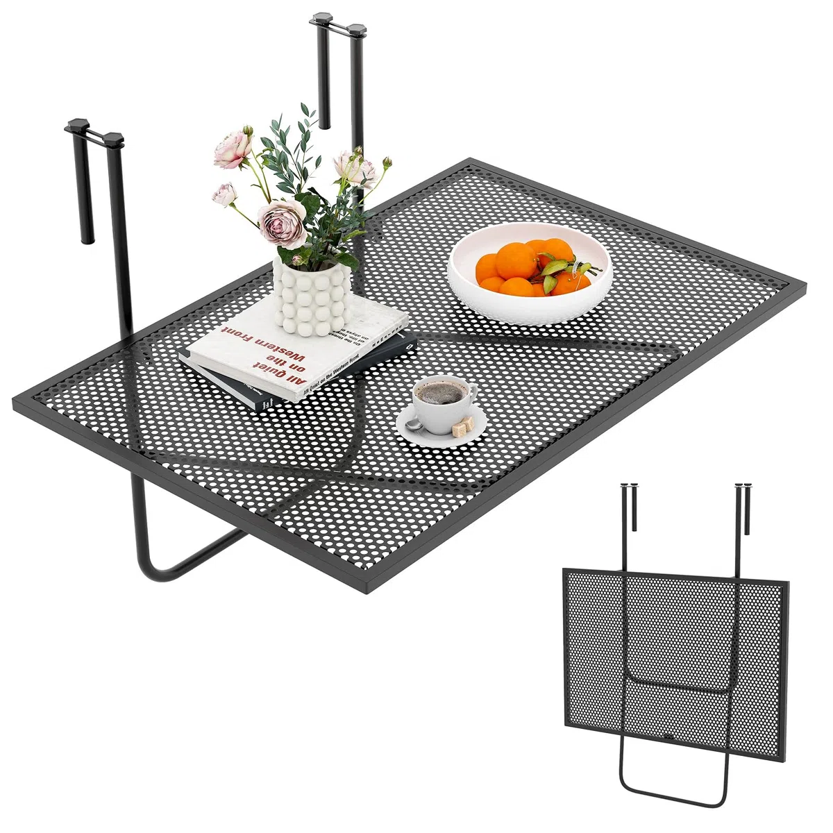 COSTWAY Tavolino da Balcone, Tavolino Sospeso Pieghevole con Struttura in Metallo, Tavolo Salvaspazio da Ringhiera per Patio e Terrazzo, Portata 23 kg, 60,5 x 50,5 x 51 cm