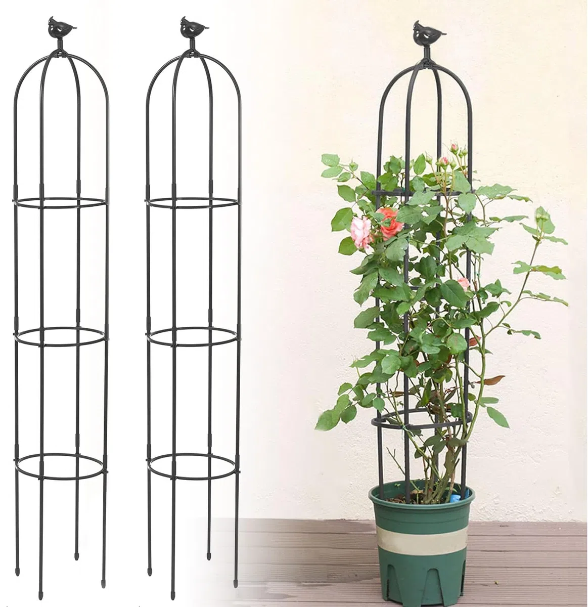 2 Pezzi Traliccio da Giardino per Piante Rampicanti, Kalolary 6 Piedi Torre Giardino Nera Obelisco Graticci Metallo Antiruggine Pianta Vaso Supporto Rampicante Interni Fiori All'aperto Verdura Frutta