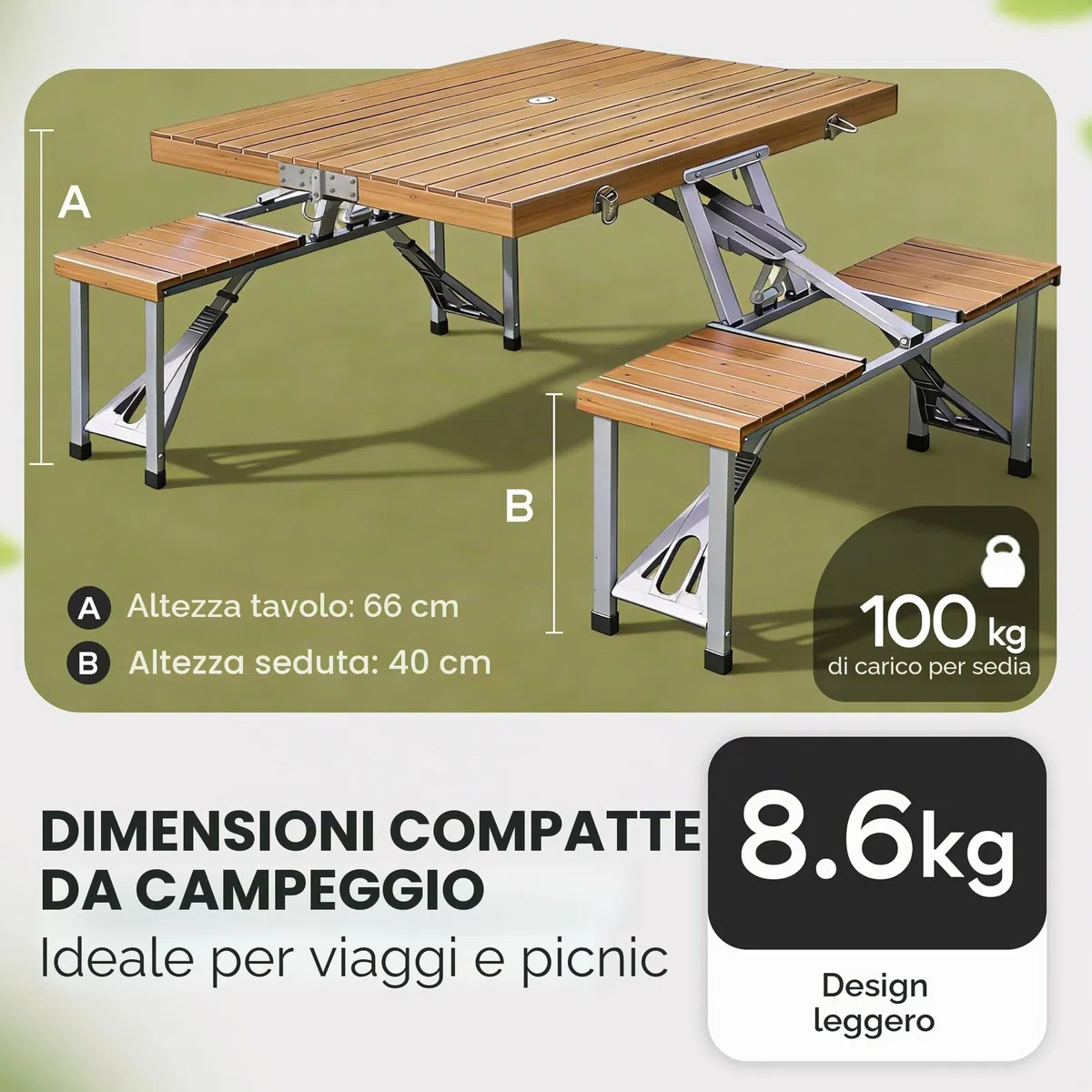 Deuba Casaria Tavolo Pieghevole con 2 Panche Set da Campeggio Picnic Portatile a Valigetta in Alluminio con Foro Ombrellone Maniglia per Trasporto 4 Posti Mare Spiaggia
