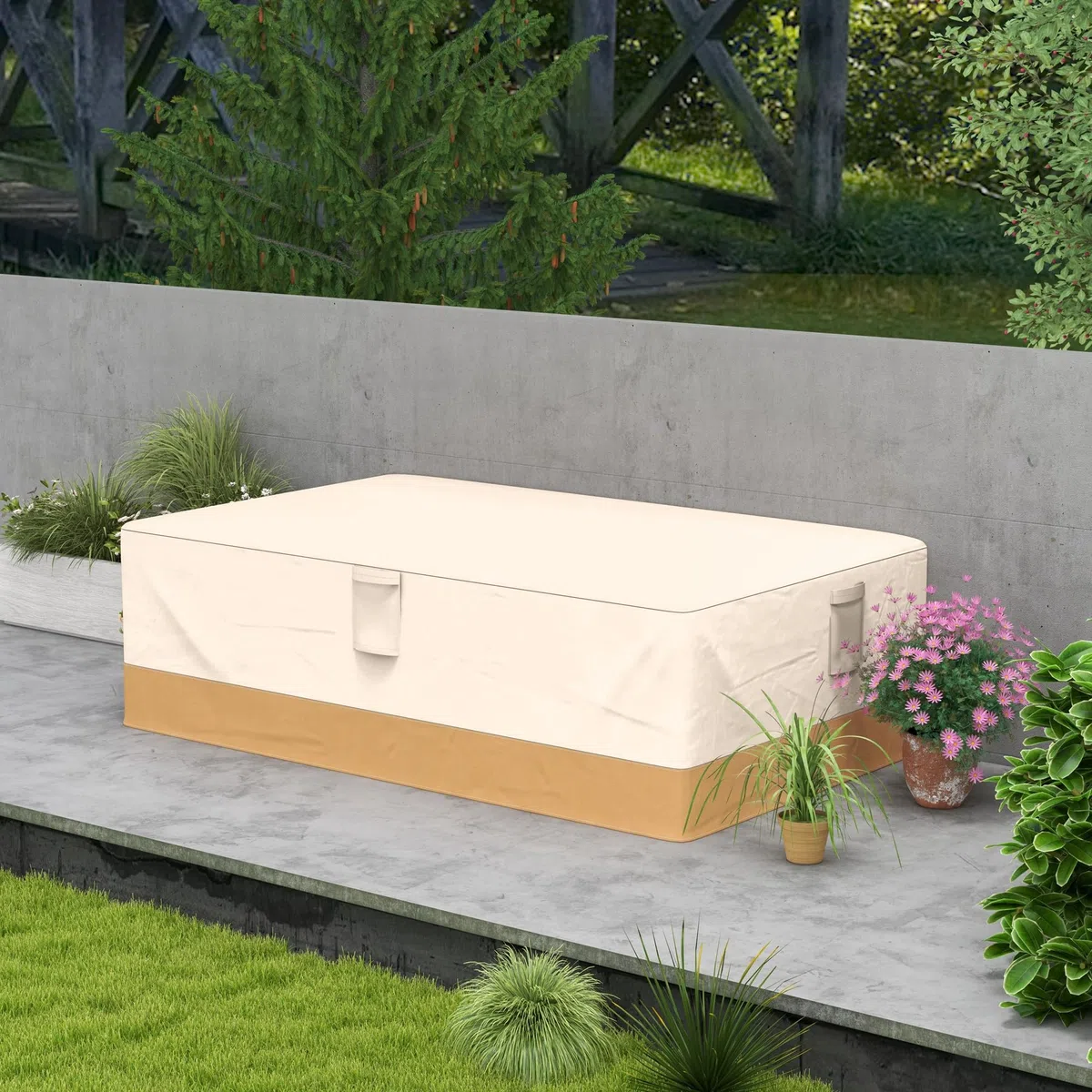 Outsunny Custodia protettiva per mobili da giardino 270 x 200 x 78 cm Tela Oxford 600 D impermeabile Copertura per divano tavolo esterno con 4 ventole 5 manici e cordino da trazione beige