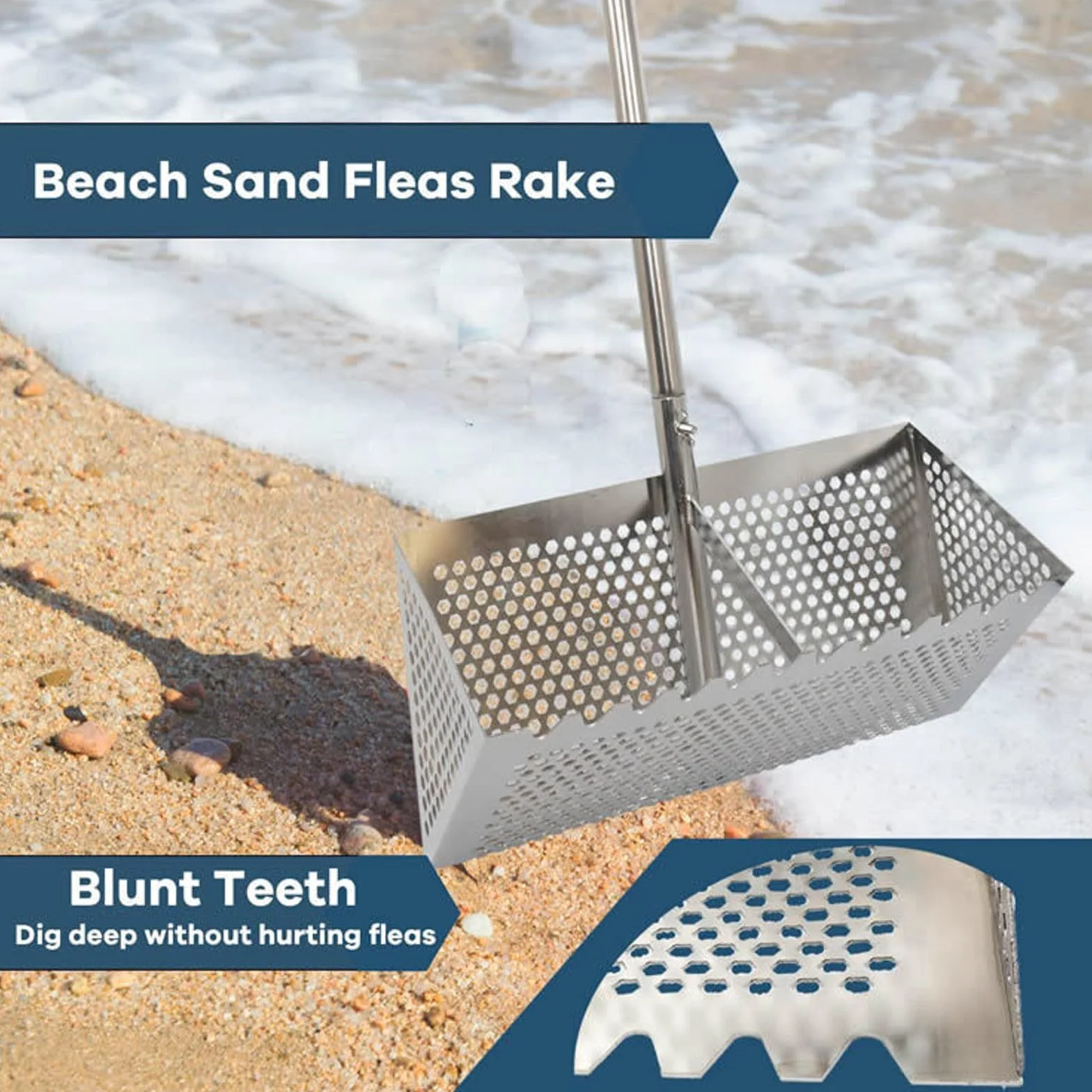 Rastrello per pulci, setaccio per sabbia da spiaggia in acciaio inox con cestello largo da 40 cm a denti di squalo, rastrello resistente con manico lungo rimovibile, per spiaggia, facile da installare