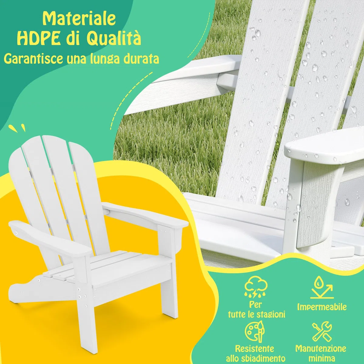 COSTWAY Sedia Adirondack per Bambini da Giardino, Sedie Ergonomica in HDPE con Schienale Inclinato e Braccioli, Poltrona per Interno ed Esterno, per Bambini 3 a 8 Anni, 52 x 53,5 x 64 cm (Bianco)