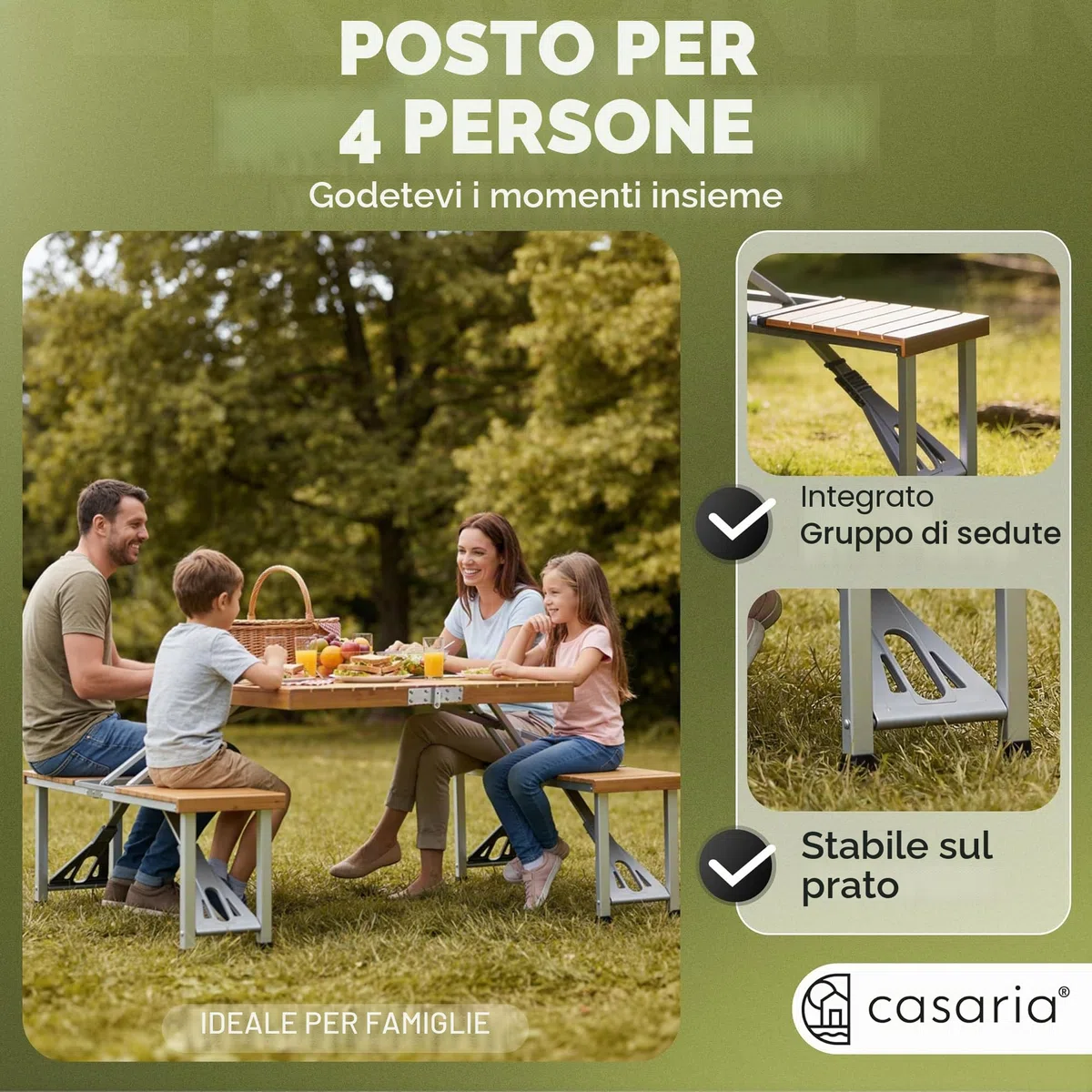 Deuba Casaria Tavolo Pieghevole con 2 Panche Set da Campeggio Picnic Portatile a Valigetta in Alluminio con Foro Ombrellone Maniglia per Trasporto 4 Posti Mare Spiaggia