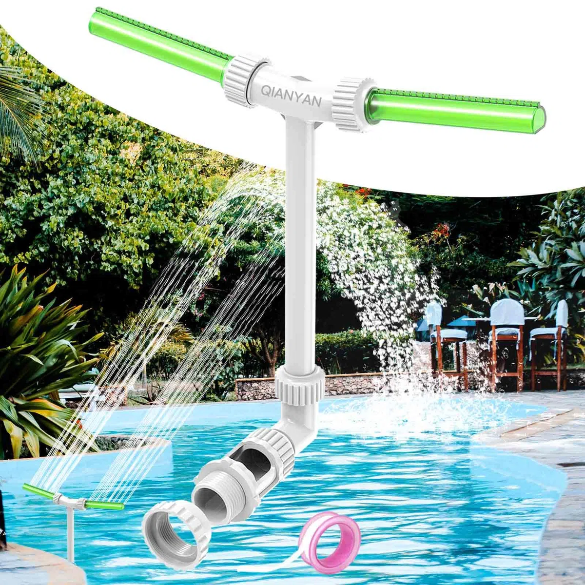 Fontana Doppio Spruzzo e Cascata per Piscine All'Interno ed Esterne, 2 in 1 con Regolazione Fluorescente Verde a Spruzzo, Sistema di Rinfrescimento più Fresco ed Efficiente