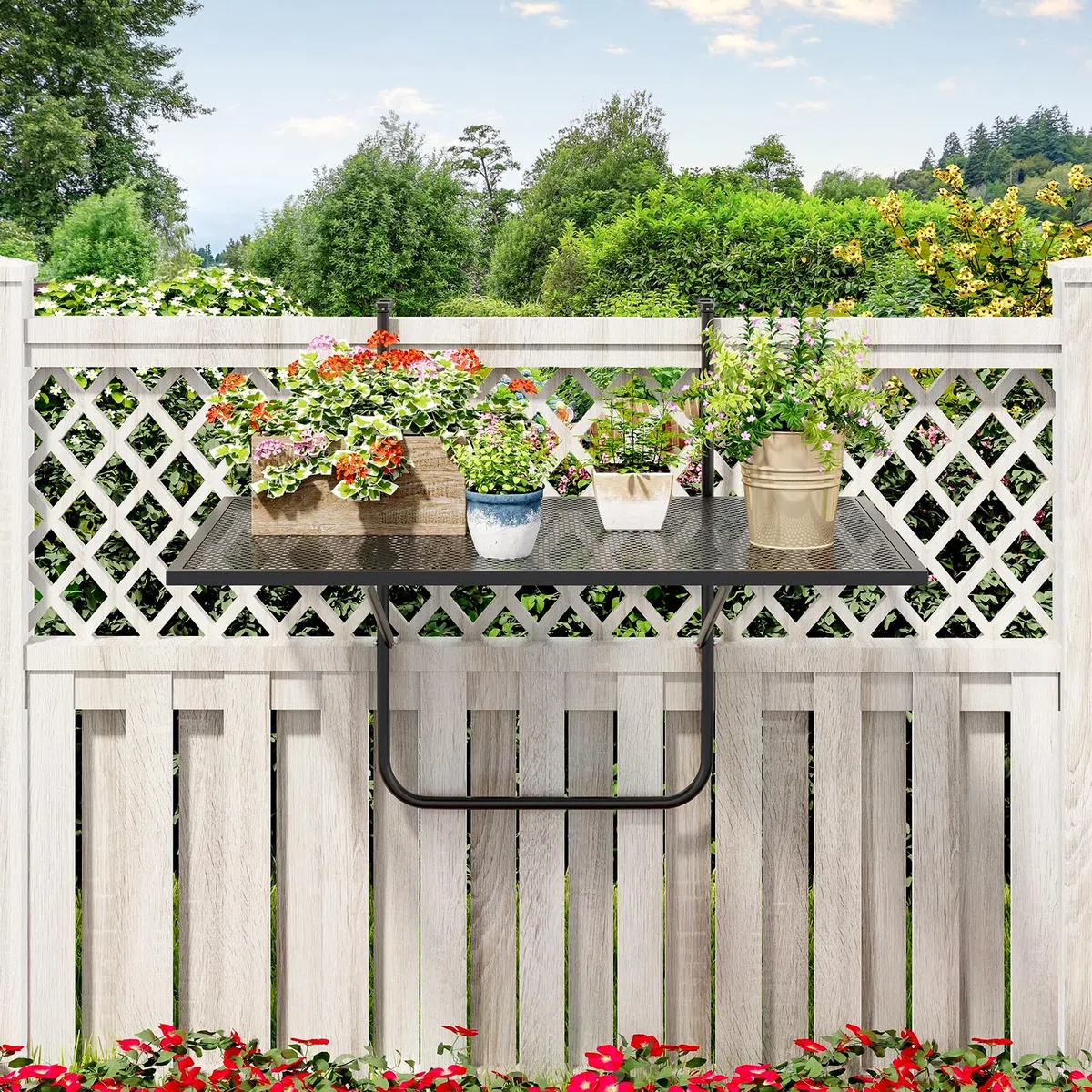 COSTWAY Tavolino da Balcone, Tavolino Sospeso Pieghevole con Struttura in Metallo, Tavolo Salvaspazio da Ringhiera per Patio e Terrazzo, Portata 23 kg, 60,5 x 50,5 x 51 cm