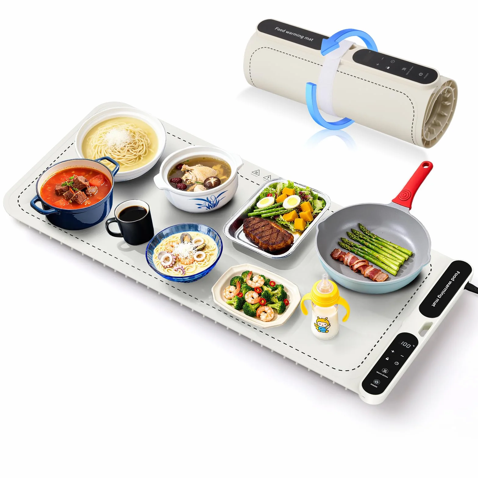 Warming board 10S - Tappetino riscaldante per alimenti e piastra termica, grande tappetino elettrico con 7 tempi e 8 impostazioni timer, in silicone flessibile, colore bianco