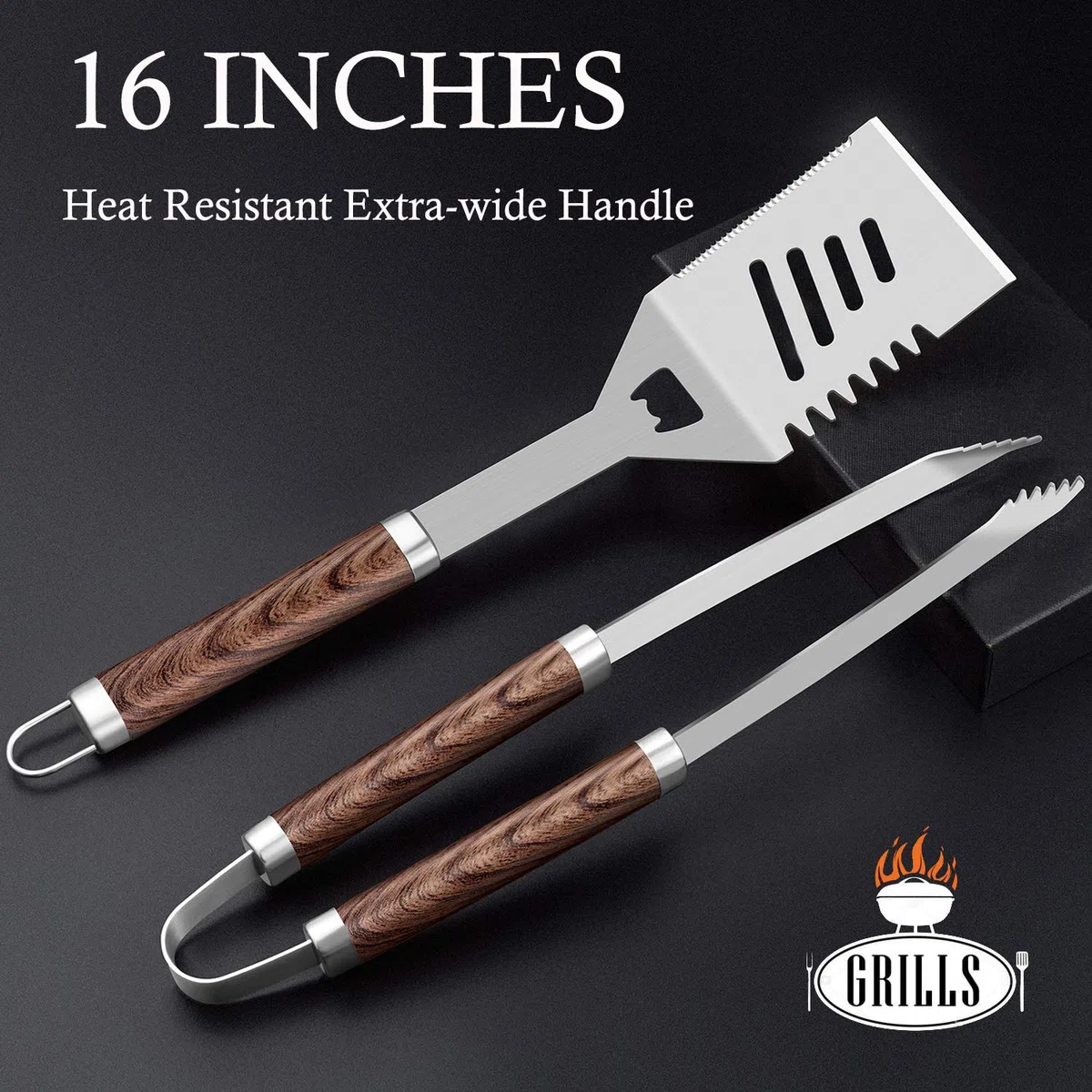 ROMANTICIST Set di utensili per barbecue da 30 pezzi per uomo papà, set di utensili per griglia in acciaio inossidabile, kit di accessori per grigliate con tappetini in custodia in alluminio marrone