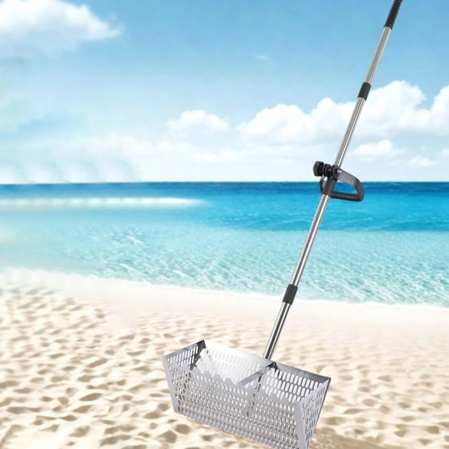 Rastrello per pulci, setaccio per sabbia da spiaggia in acciaio inox con cestello largo da 40 cm a denti di squalo, rastrello resistente con manico lungo rimovibile, per spiaggia, facile da installare