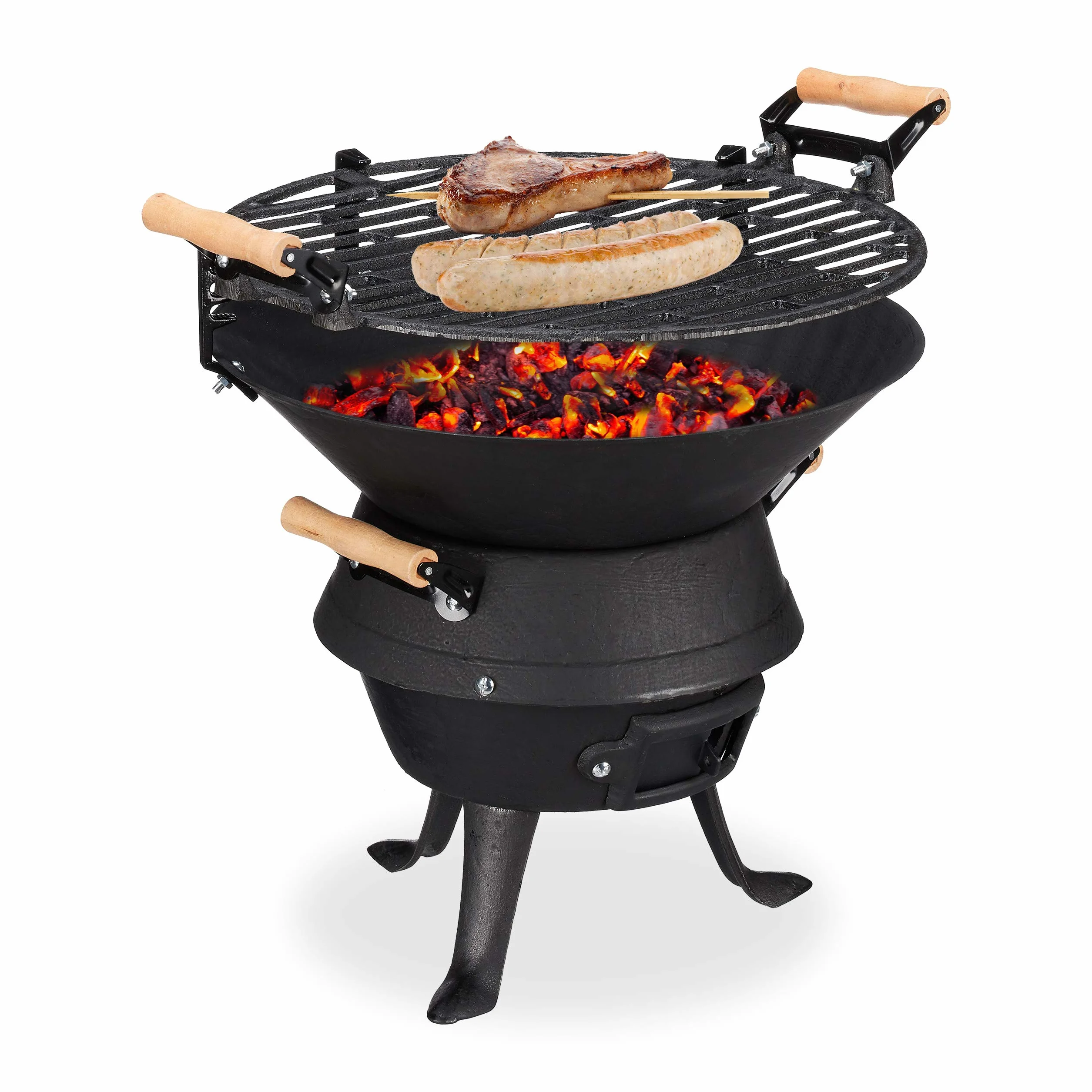 Relaxdays Grill a Sfera in Ghisa, Barbecue Regolabile in Altezza, Ventilato, a Carbonella in Legno, HLP 40x45x36cm, Nero