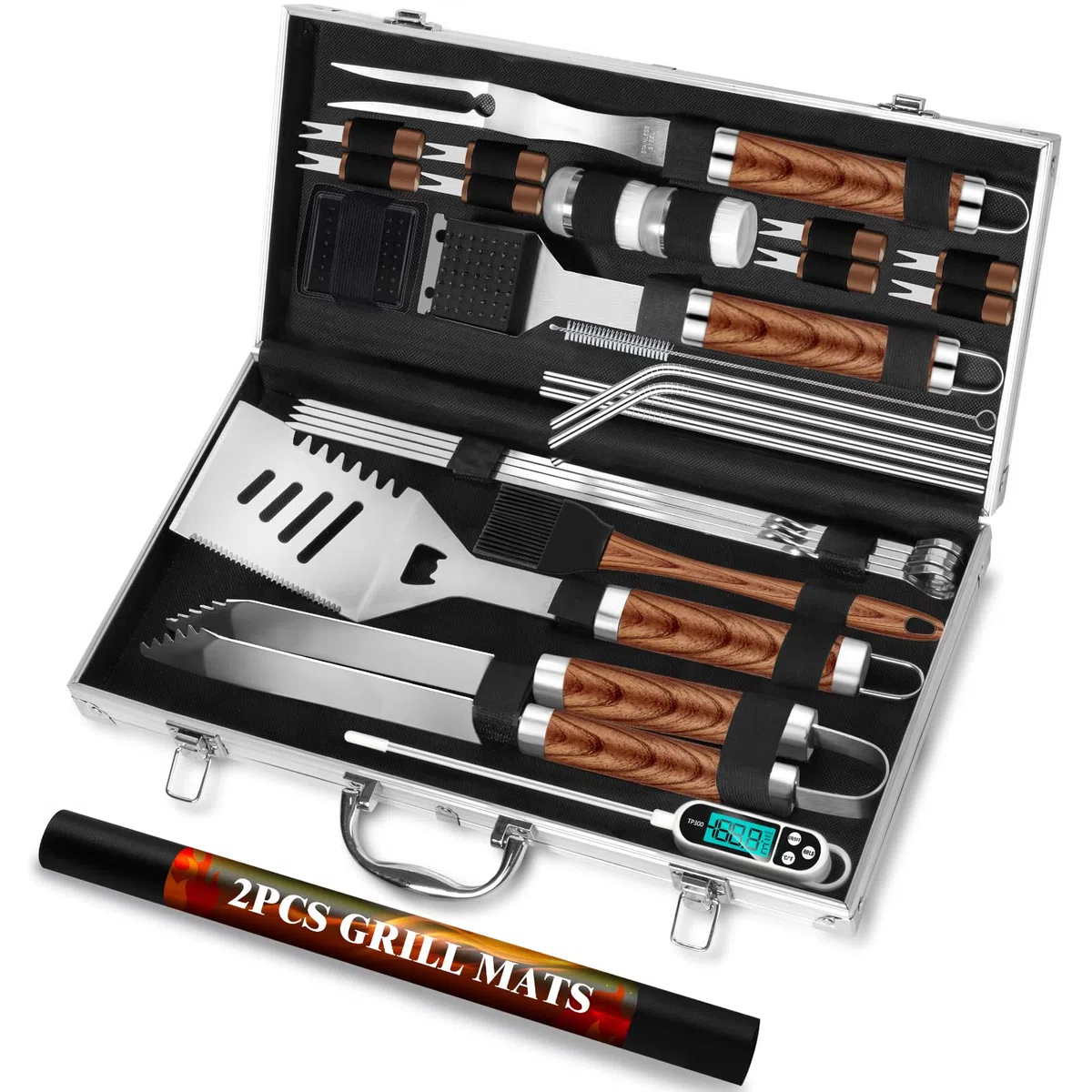 ROMANTICIST Set di utensili per barbecue da 30 pezzi per uomo papà, set di utensili per griglia in acciaio inossidabile, kit di accessori per grigliate con tappetini in custodia in alluminio marrone