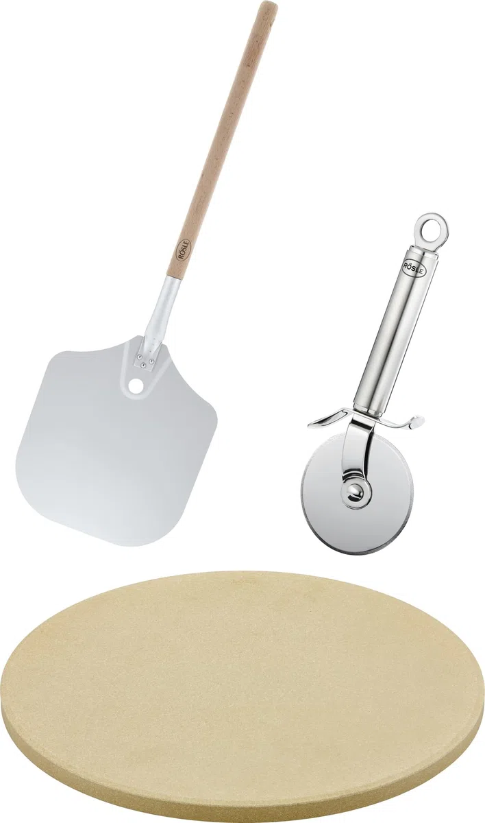 RÖSLE Set per pizza al barbecue con 3 accessori inclusi, pietra refrattaria, pala per infornare la pizza e coltello per pizze e focacce, per preparare una pizza croccante come con il forno a legna