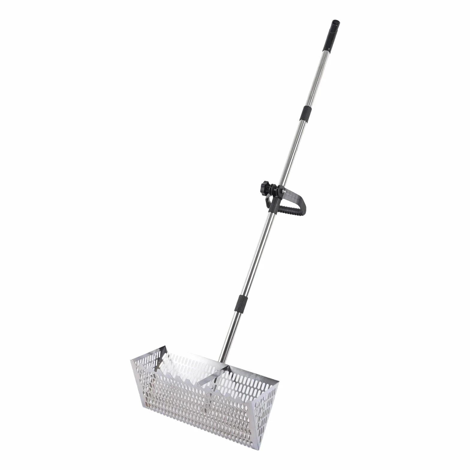 Rastrello per pulci, setaccio per sabbia da spiaggia in acciaio inox con cestello largo da 40 cm a denti di squalo, rastrello resistente con manico lungo rimovibile, per spiaggia, facile da installare