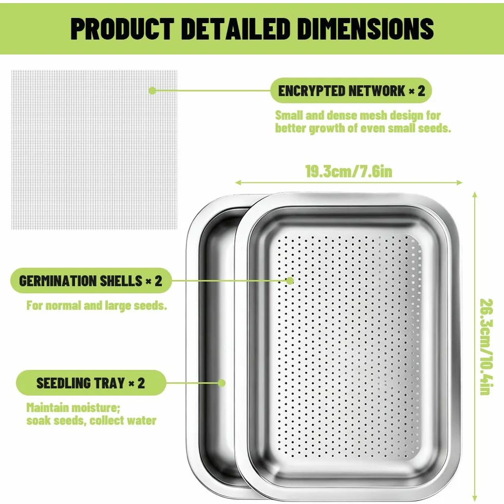 Set di 2 pioli in acciaio inox, 26 x 19 cm, ciotole 2 in 1 per germogli e microverdi, grande vassoio per germogli in acciaio inox, lavabile in lavastoviglie, ciotola riutilizzabile per la casa
