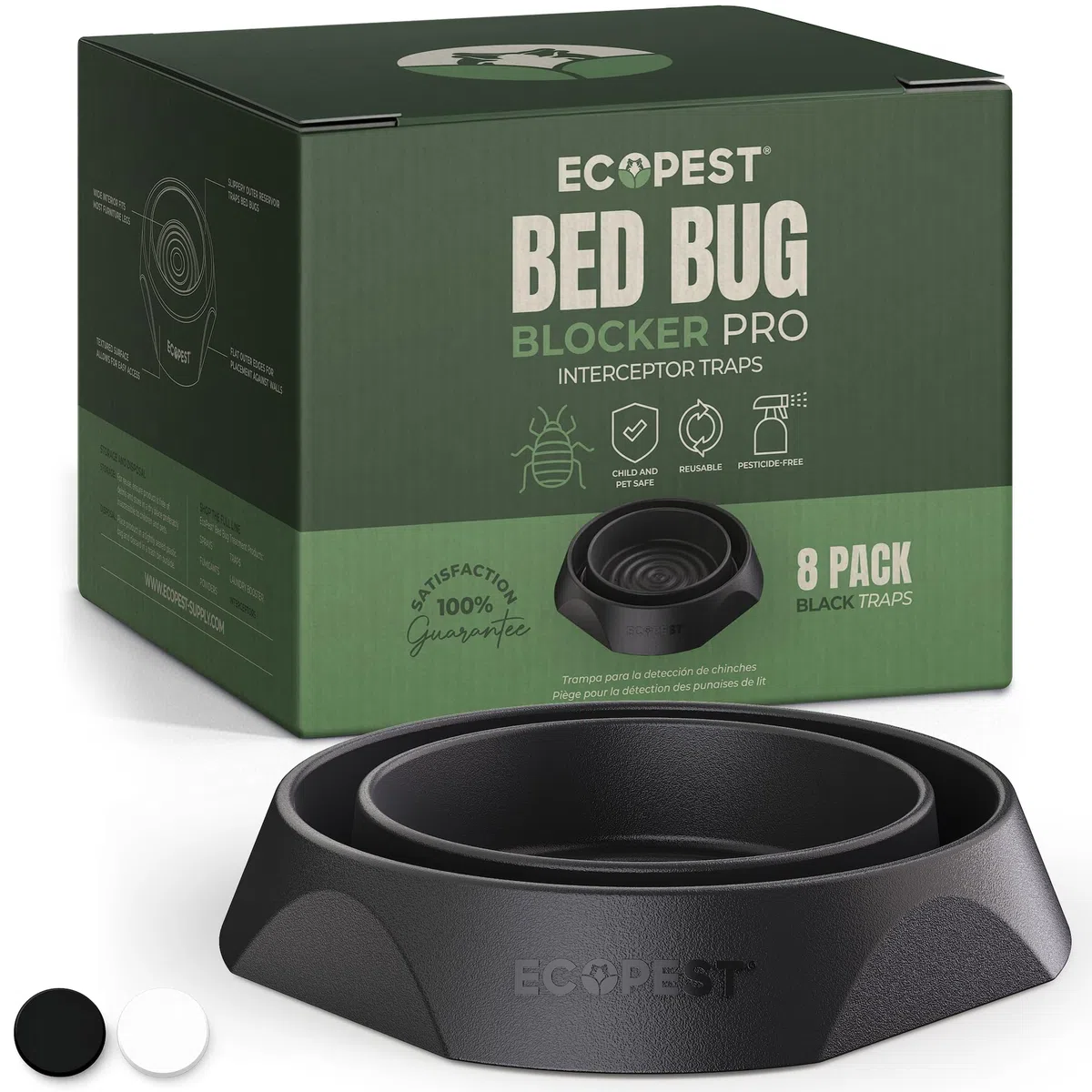 ECOPEST Trappole per Cimici dei Letti – Confezione da 8 | Trappole Intercettatori Bed Bug Blocker (PRO) (Nera) | Monitor, Rilevatore e Trappola per Le Gambe del Letto
