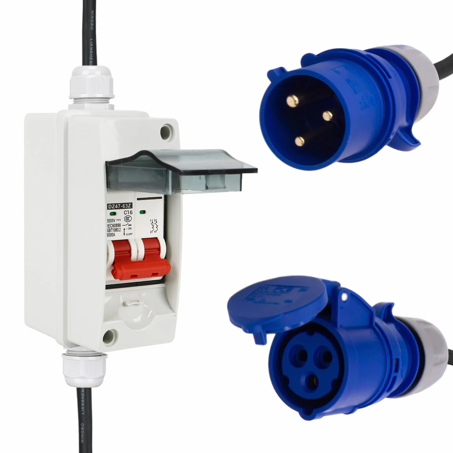 Adattatore CEE da 32 A a 16 A 3 P con commutatore di fase, adattatore di corrente ad alta tensione da 32 A a innesto da 16 A, con interruttore di protezione del cavo da 16 A, CEE