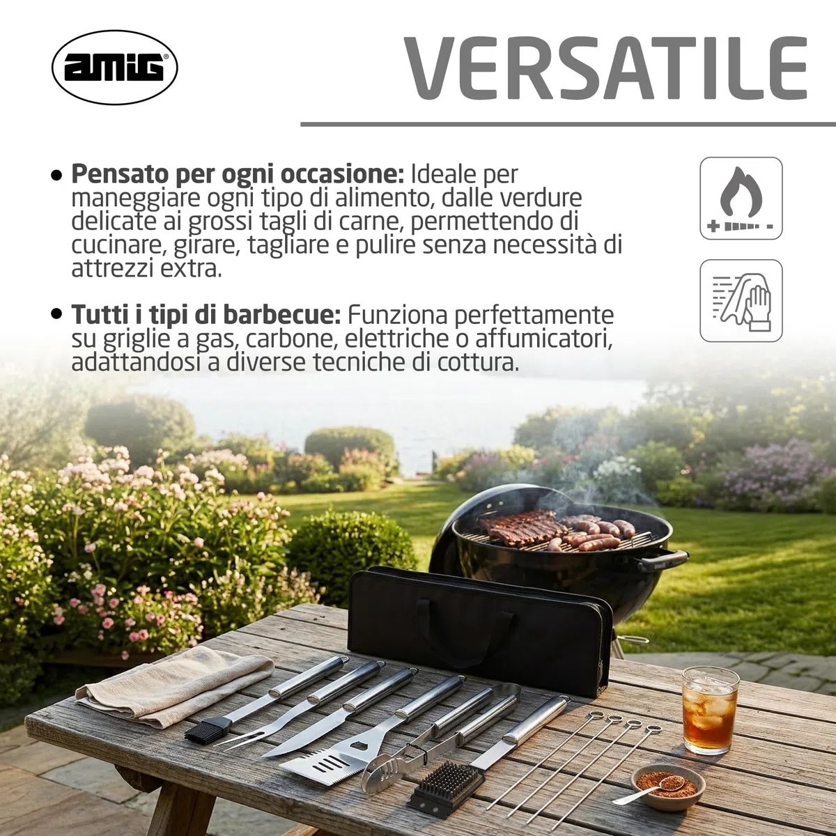 Amig - Kit 10 Accessori per Barbecue - Acciaio Inossidabile - Set Completo di Utensili - Accessori Pratici e Presentazione Curata per Regalo - Mod. AM03