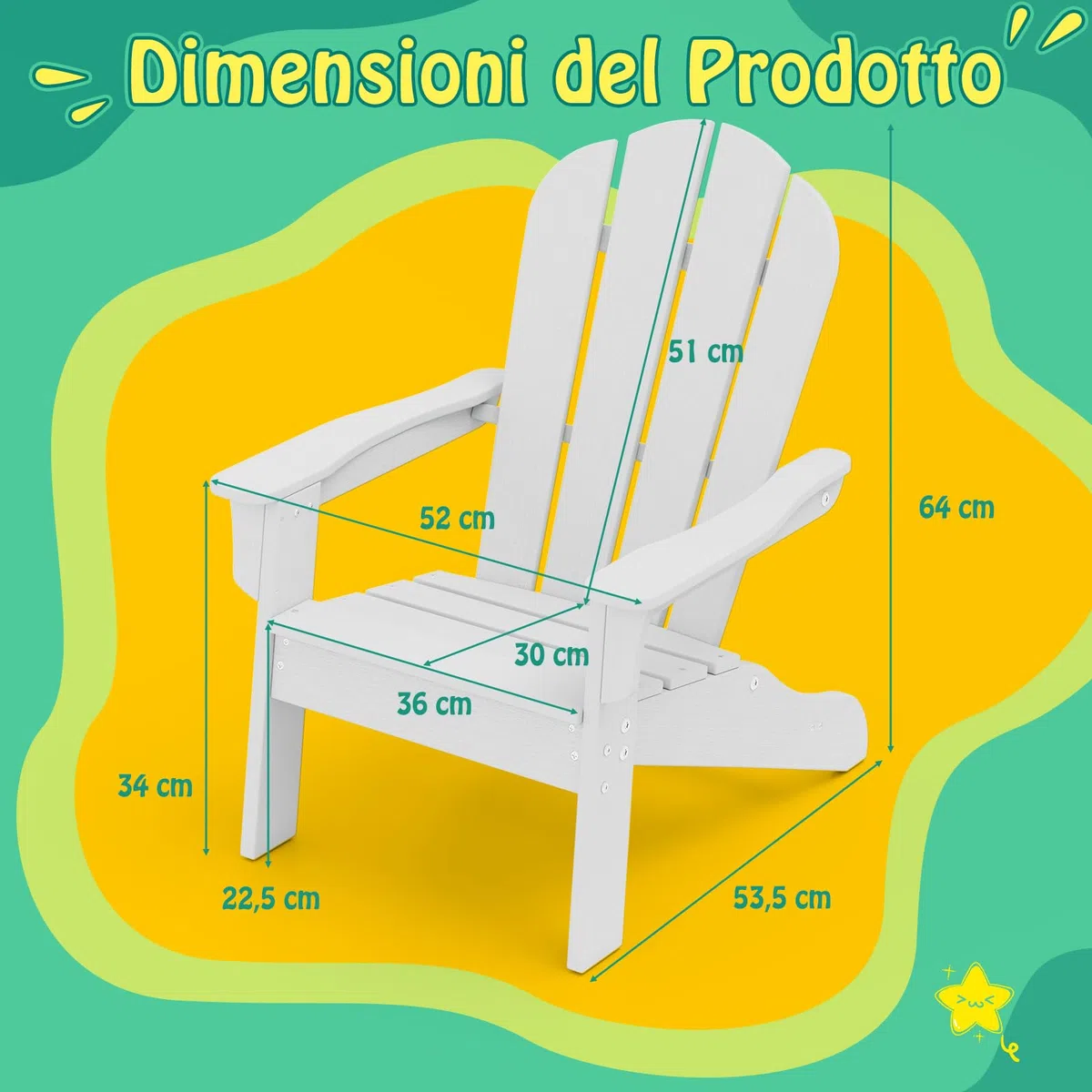 COSTWAY Sedia Adirondack per Bambini da Giardino, Sedie Ergonomica in HDPE con Schienale Inclinato e Braccioli, Poltrona per Interno ed Esterno, per Bambini 3 a 8 Anni, 52 x 53,5 x 64 cm (Bianco)