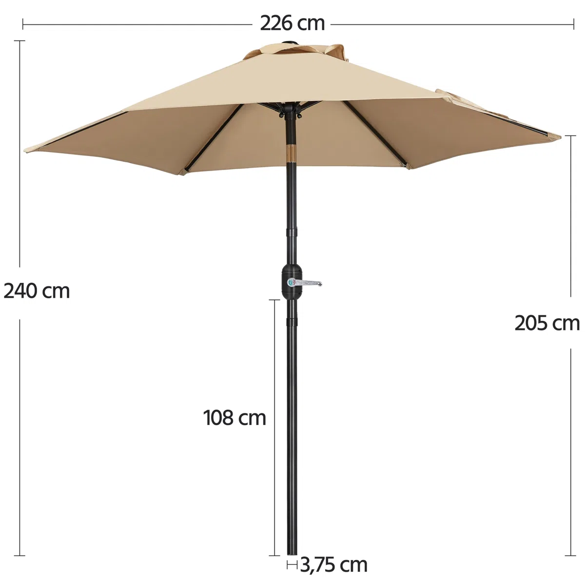 Yaheetech Ombrellone da Giardino 226 cm con 6 Stecche in Poliestere e Metallo Inclinabile Protezione UV Cortile Piscina Esterno Ecrù
