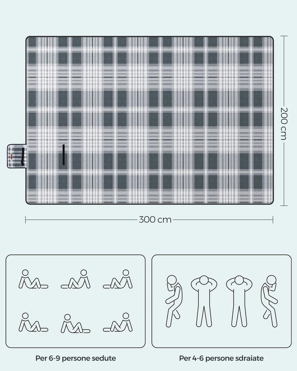 SONGMICS Coperta Picnic, 300 x 200 cm, Grande Telo da Campeggio, Parco, Giardino, Esterno, Spiaggia, Strato Impermeabile, Pieghevole, Grigio e Bianco GCM006G03