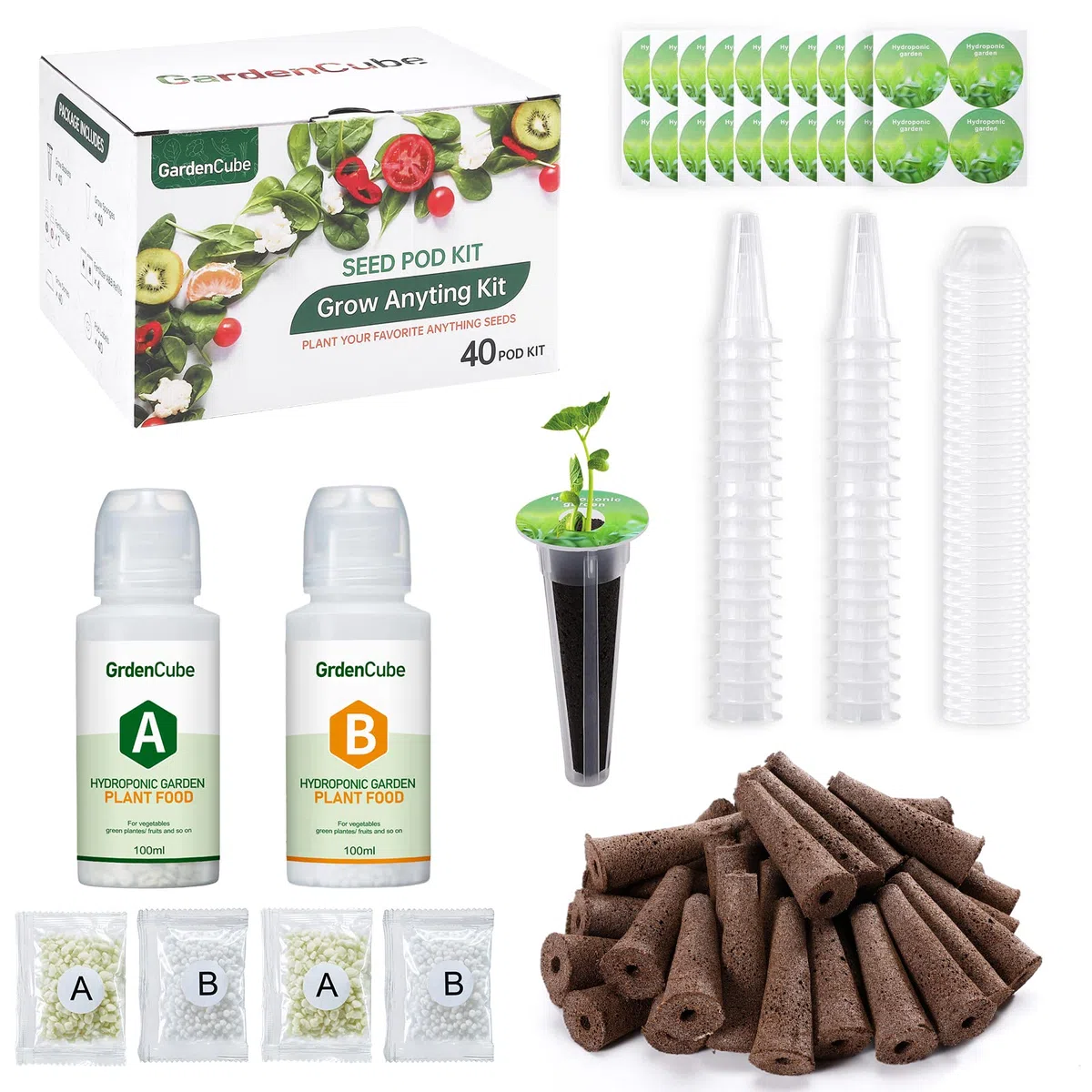 GARDENCUBE Kit di 166 cialde idroponiche: compatibile con Aerogarden Grow Anything Herb Kits – Include spugne da coltivazione, cestini da coltivazione, etichette per cupole, alimenti per piante A&B