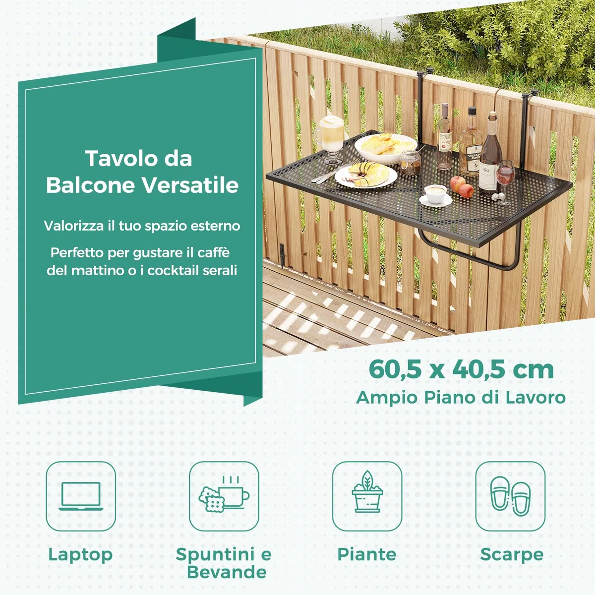 COSTWAY Tavolino da Balcone, Tavolino Sospeso Pieghevole con Struttura in Metallo, Tavolo Salvaspazio da Ringhiera per Patio e Terrazzo, Portata 23 kg, 60,5 x 50,5 x 51 cm