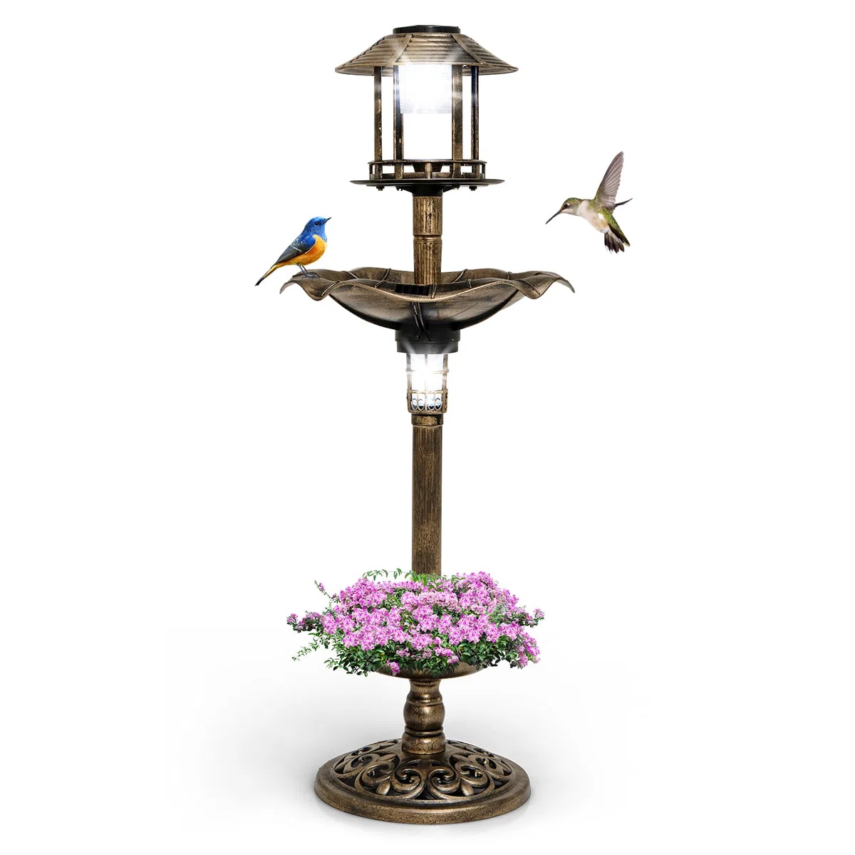 GYMAX Mangiatoia Fontana Solare per Uccelli, Vasca per Uccelli da Giardino con Lampade Solari, Fioriera, Supporto Riempibile, 3 Chiodi, Decorazione Luminosa all'Aperto, Giardino, Cortile (Bronzo)