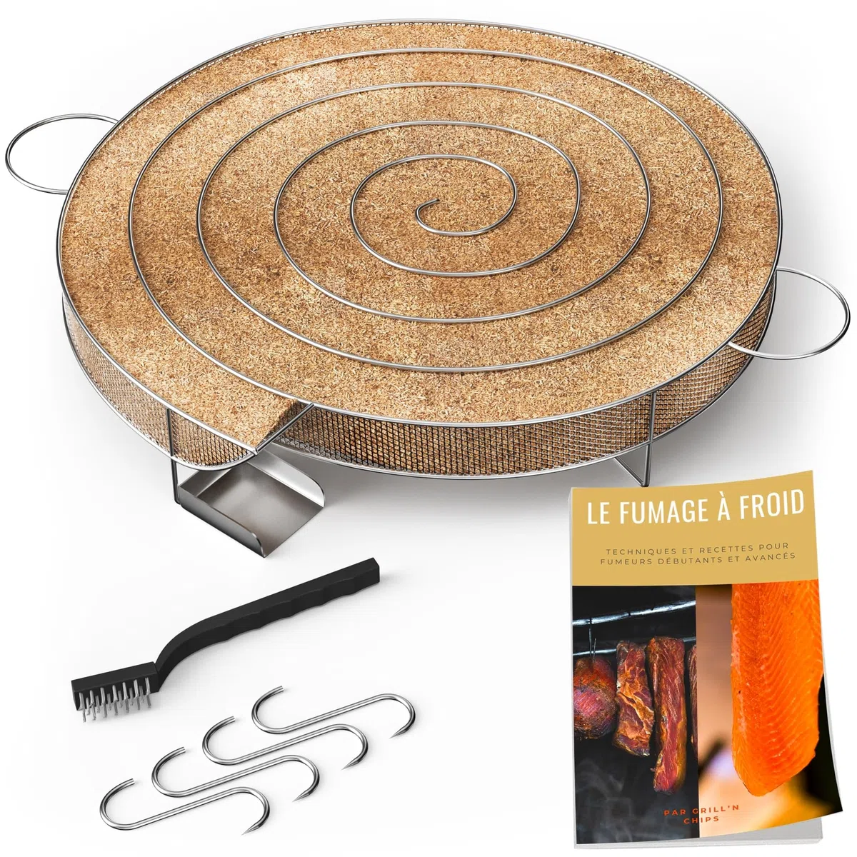 Generatore (30 cm)/Serpentino di fumo freddo per affumicatore di carne e pesce + 4 ganci e 1 spazzola di pulizia - Guida digitale PDF da scaricare (offerta)