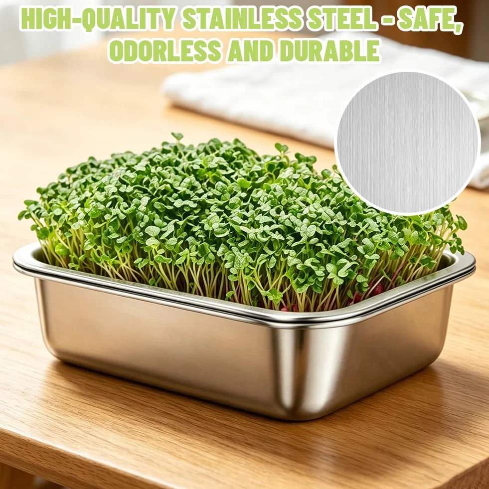Set di 2 pioli in acciaio inox, 26 x 19 cm, ciotole 2 in 1 per germogli e microverdi, grande vassoio per germogli in acciaio inox, lavabile in lavastoviglie, ciotola riutilizzabile per la casa