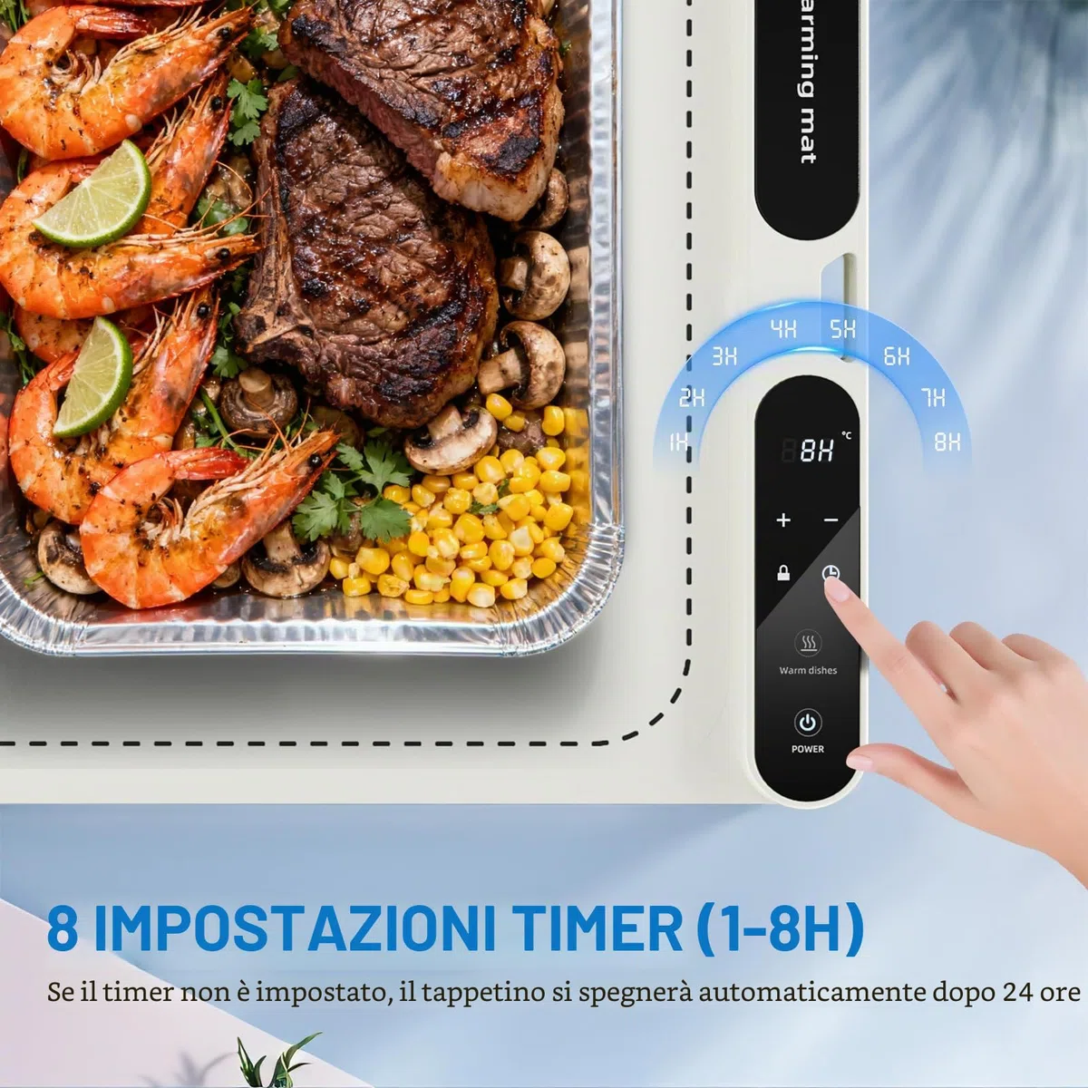 Warming board 10S - Tappetino riscaldante per alimenti e piastra termica, grande tappetino elettrico con 7 tempi e 8 impostazioni timer, in silicone flessibile, colore bianco
