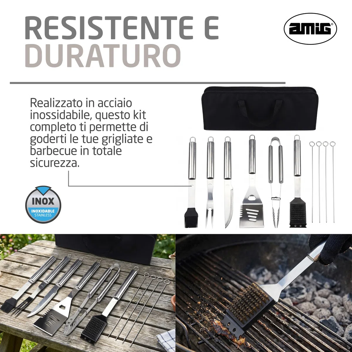Amig - Kit 10 Accessori per Barbecue - Acciaio Inossidabile - Set Completo di Utensili - Accessori Pratici e Presentazione Curata per Regalo - Mod. AM03