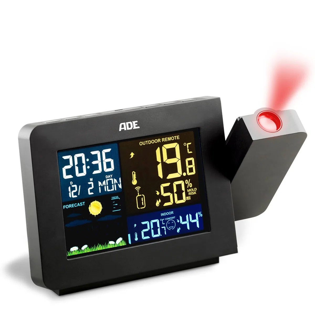 ADE Stazione meteo con sensore esterno a proiezione e wireless | termometro, igrometro, indicatore del clima interno | display LCD illuminato | radiosveglia con segnale orario DCF e calendario | nero