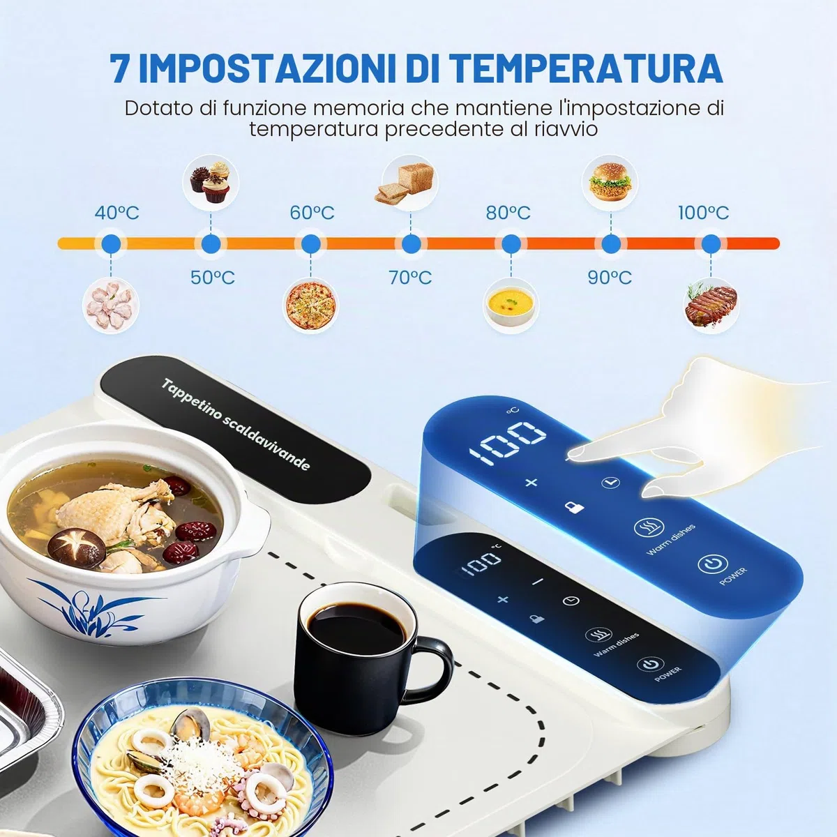 Warming board 10S - Tappetino riscaldante per alimenti e piastra termica, grande tappetino elettrico con 7 tempi e 8 impostazioni timer, in silicone flessibile, colore bianco