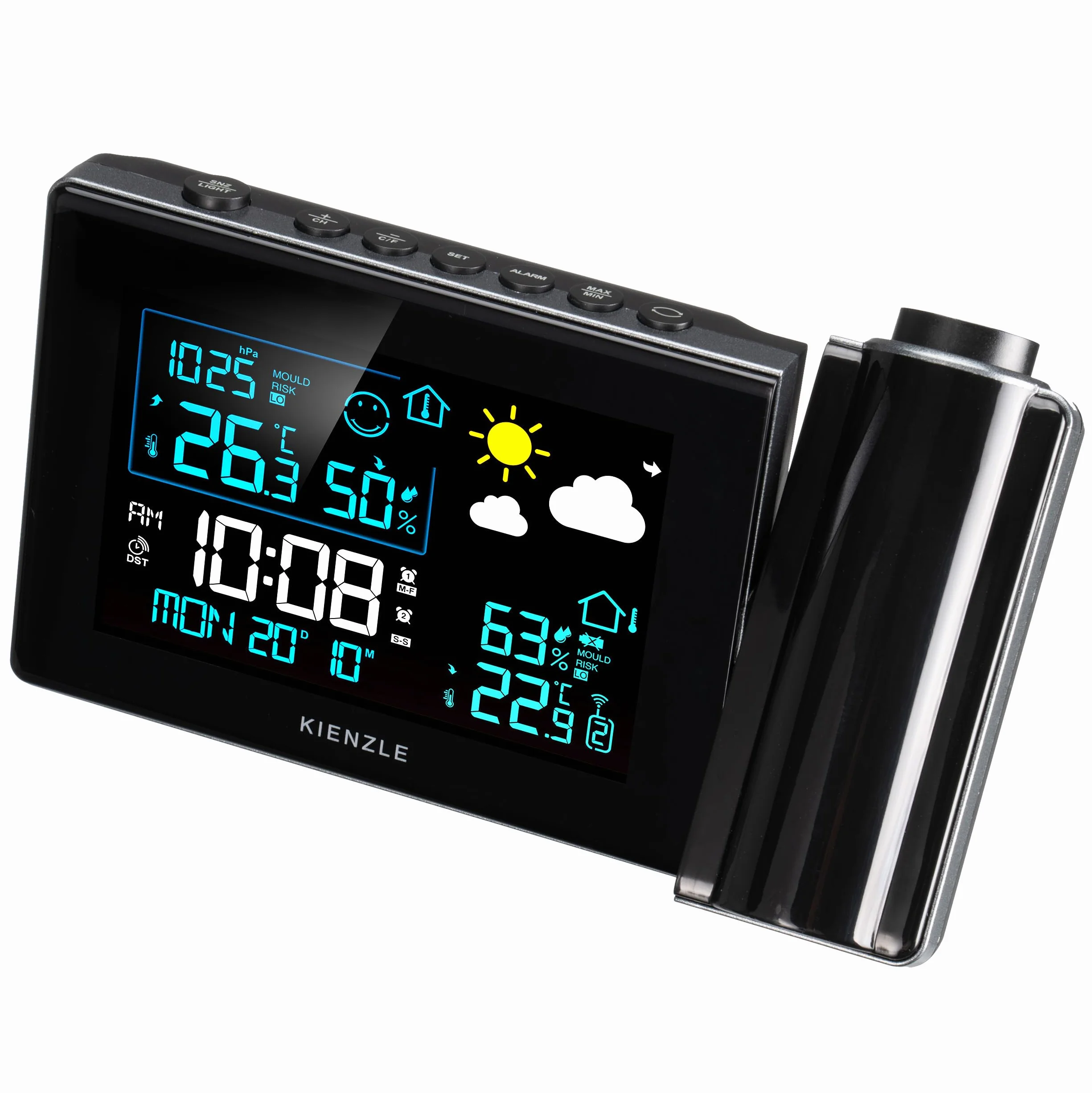 Stazione meteo radiocontrollata Kienzle con proiezione, display a colori, sensore esterno, allarme muffa, 2 sveglie