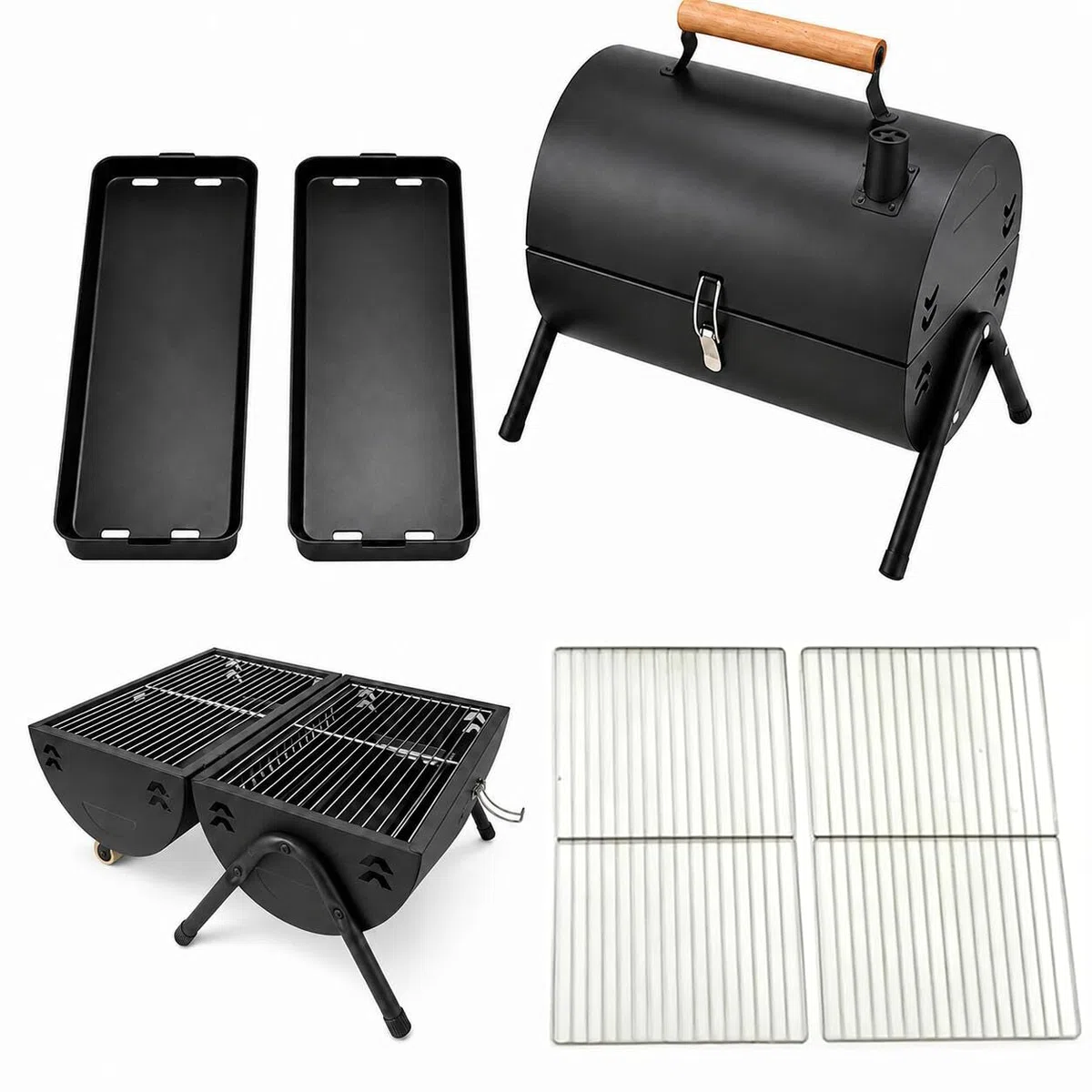 Barbecue a carbonella portatile, affumicatore doppio lato con camino, braciere esterno con manico in legno, 2 griglie e 2 vasche per carbone, per 4-6 persone, giardino e feste