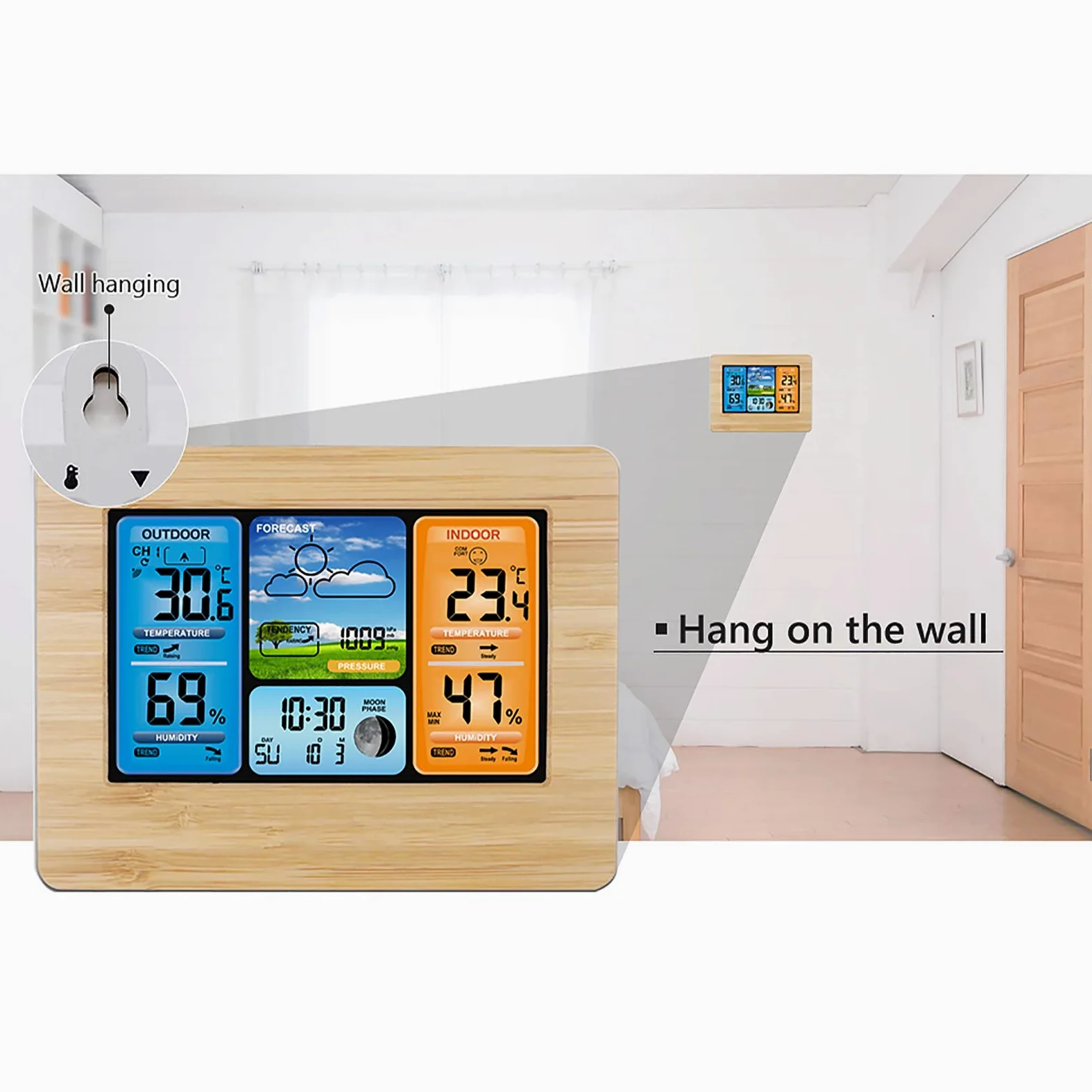 Stazione Meteo con Sensore Esterno, Stazione Meteo Digitale con iInterno Esterno Previsioni Meteo Temperatura e Umidità Dell'aria, Adattatore AC, LCD Display a Colori, Uso Interno ed Esterno (Giallo)